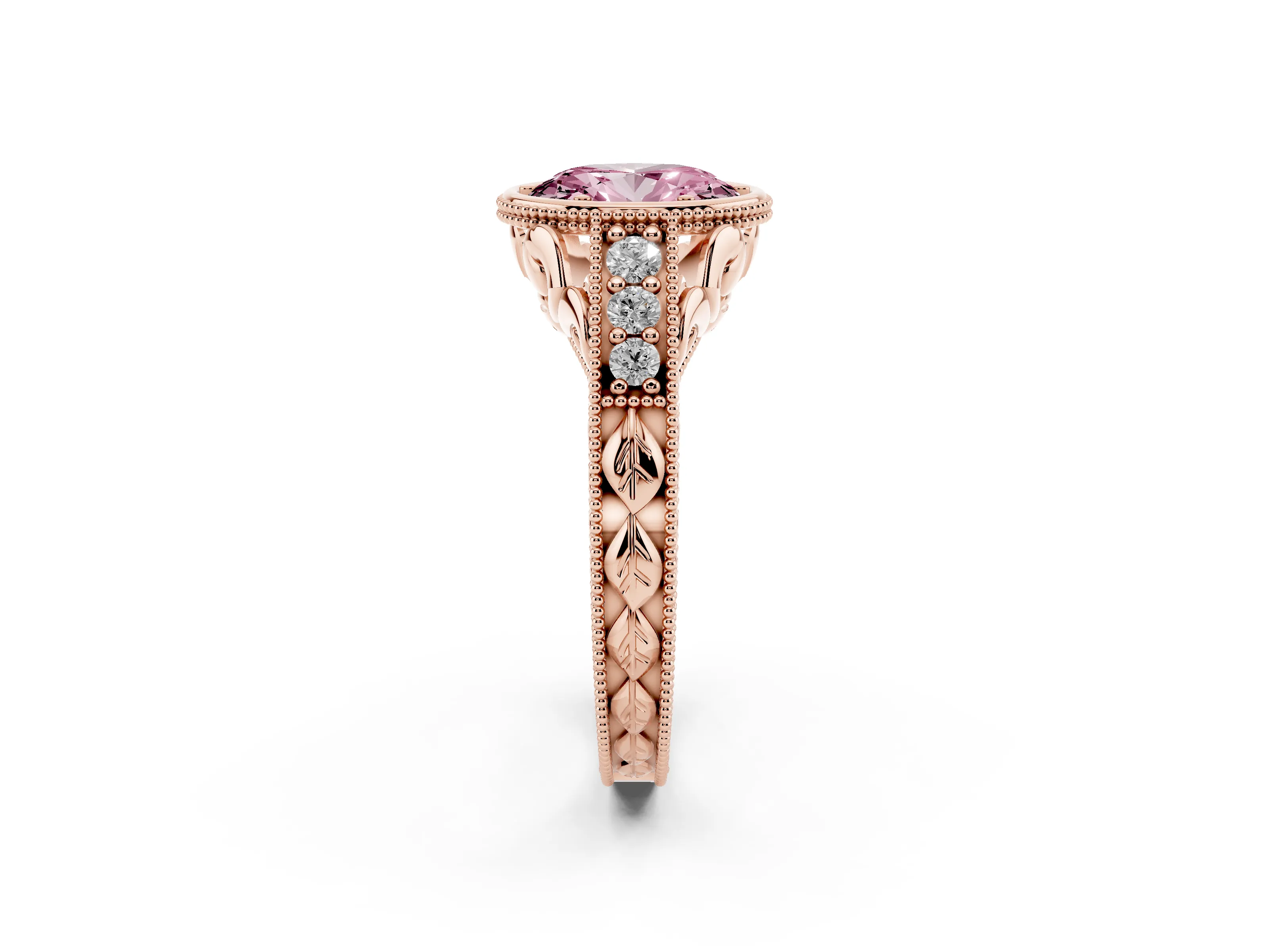 Fancy Pink Bezel Set Oval Cut Diamond Milgrain Pavé Engagement Ring Set in Rose gold