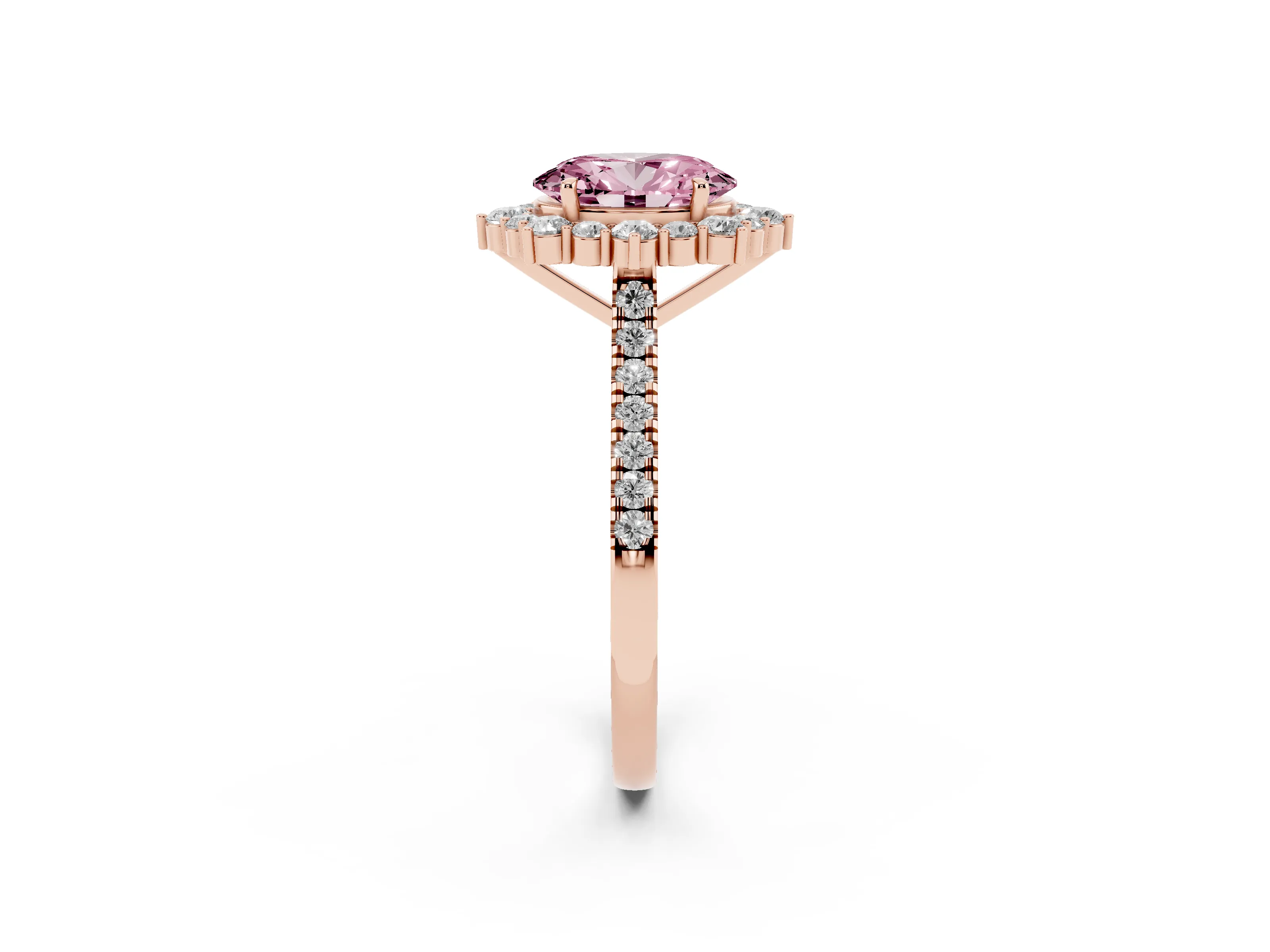 Fancy Pink Oval Cut Diamond Halo Ring Set in Rose gold with Pavé Band and Prong Setting