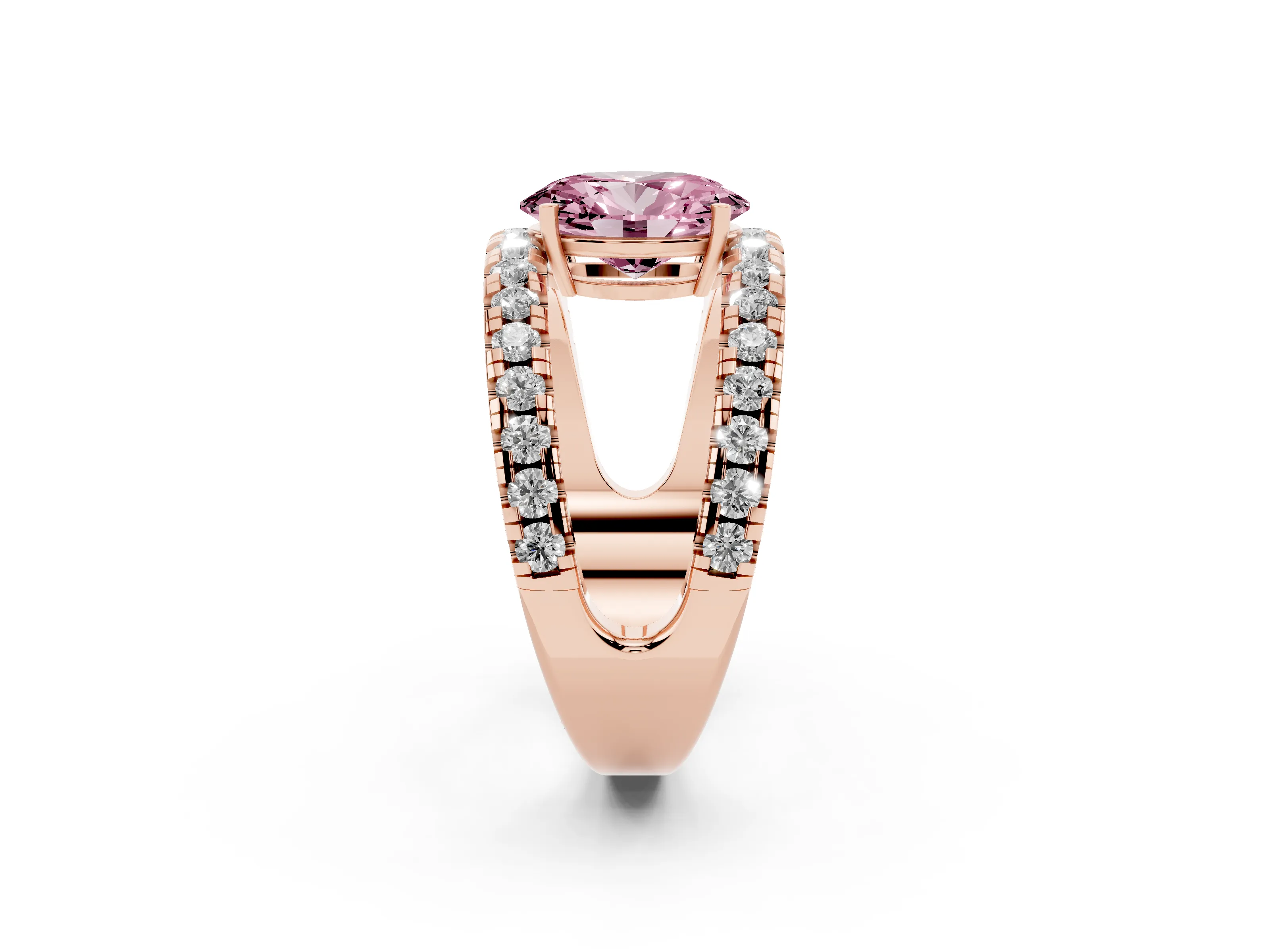 Fancy Pink Oval Cut Diamond Split Shank Pavé Solitaire Ring Set in Rose gold with Open Shank Design