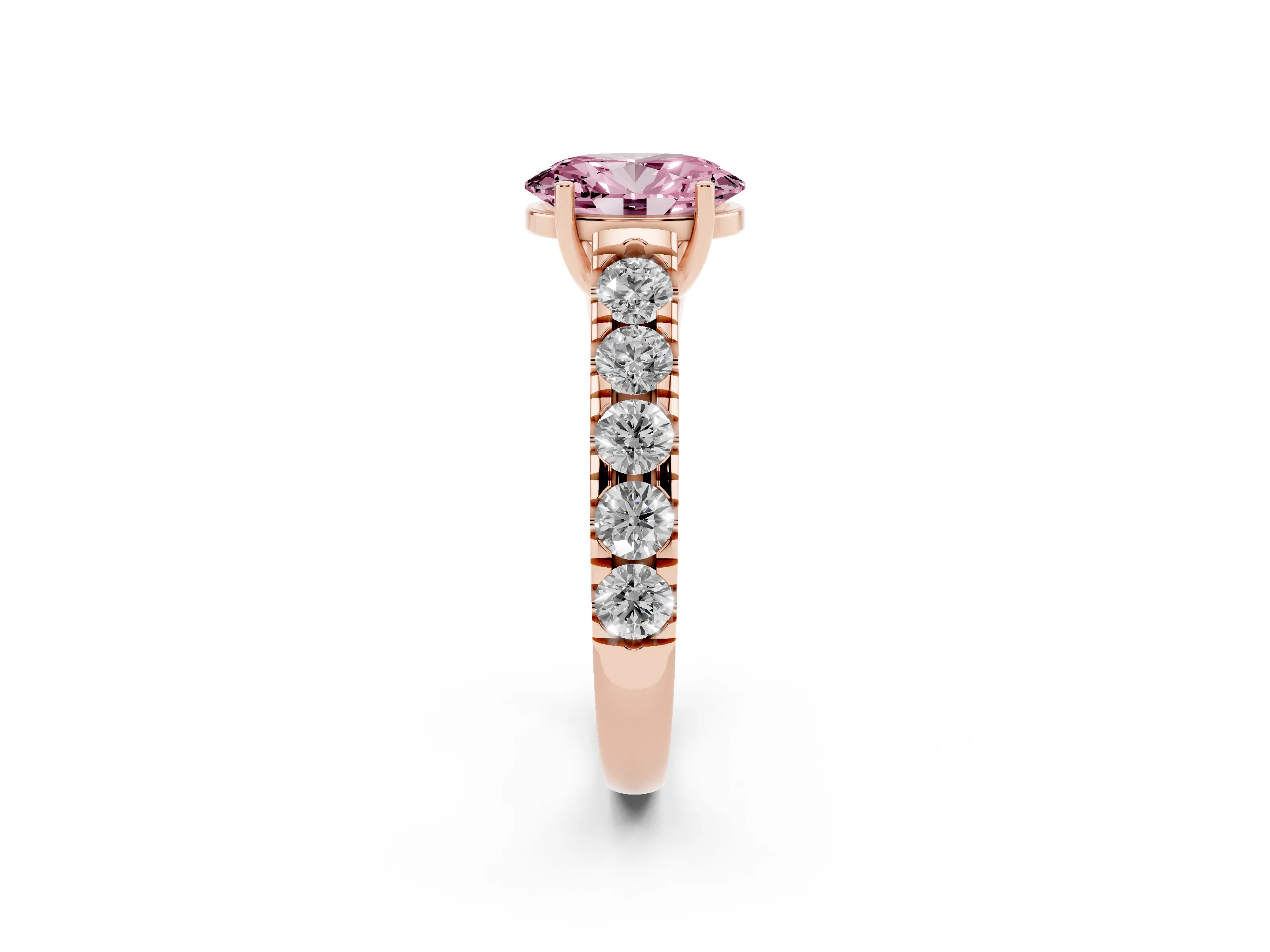 Fancy Pink Oval Cut Diamond Solitaire Ring Set in Rose gold with Cut-Down Micro Pavé Band and Prong Setting