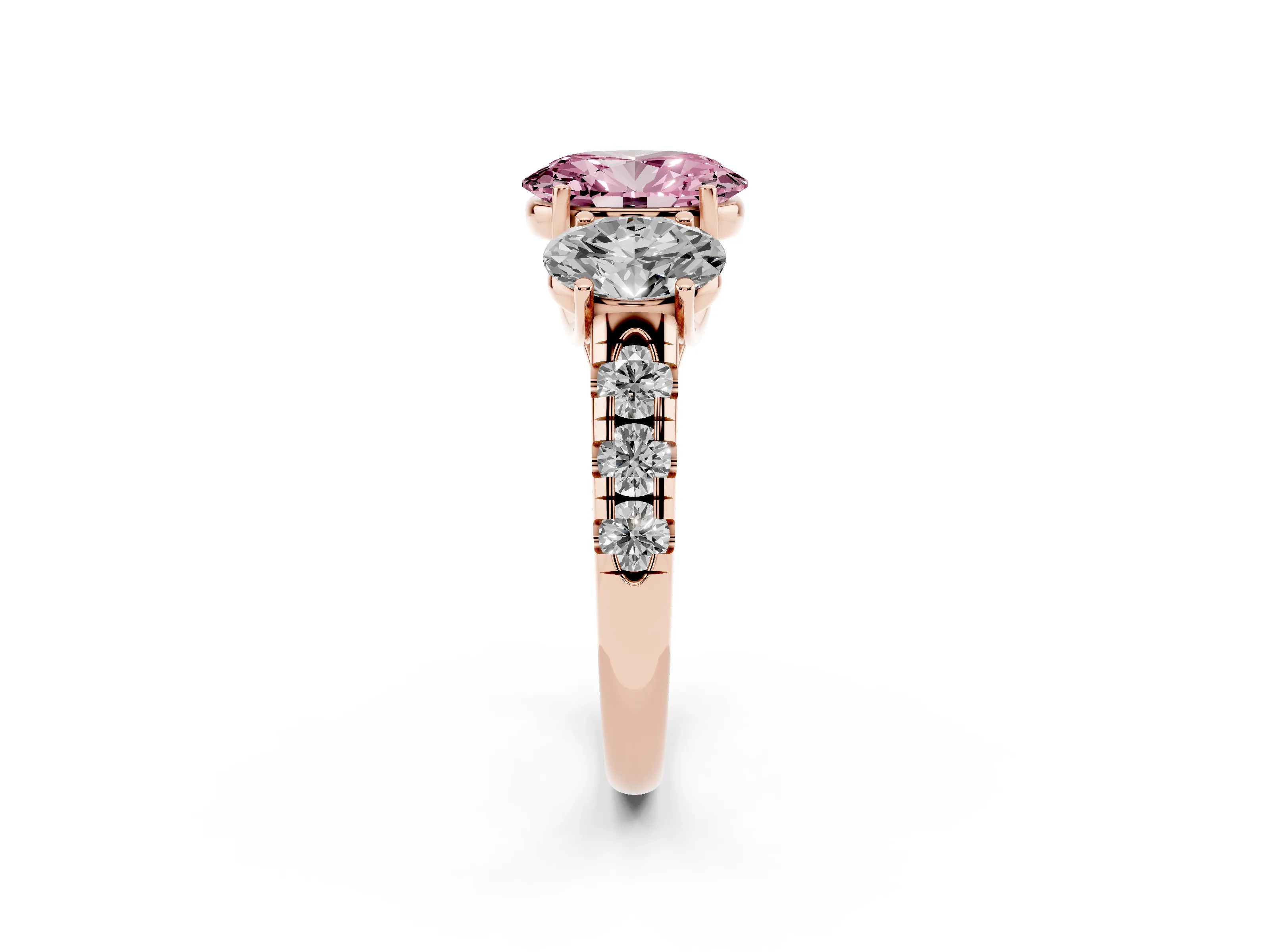 Fancy Pink Oval Cut Diamond Three-Stone Ring Set in Rose gold with Pavé Band
