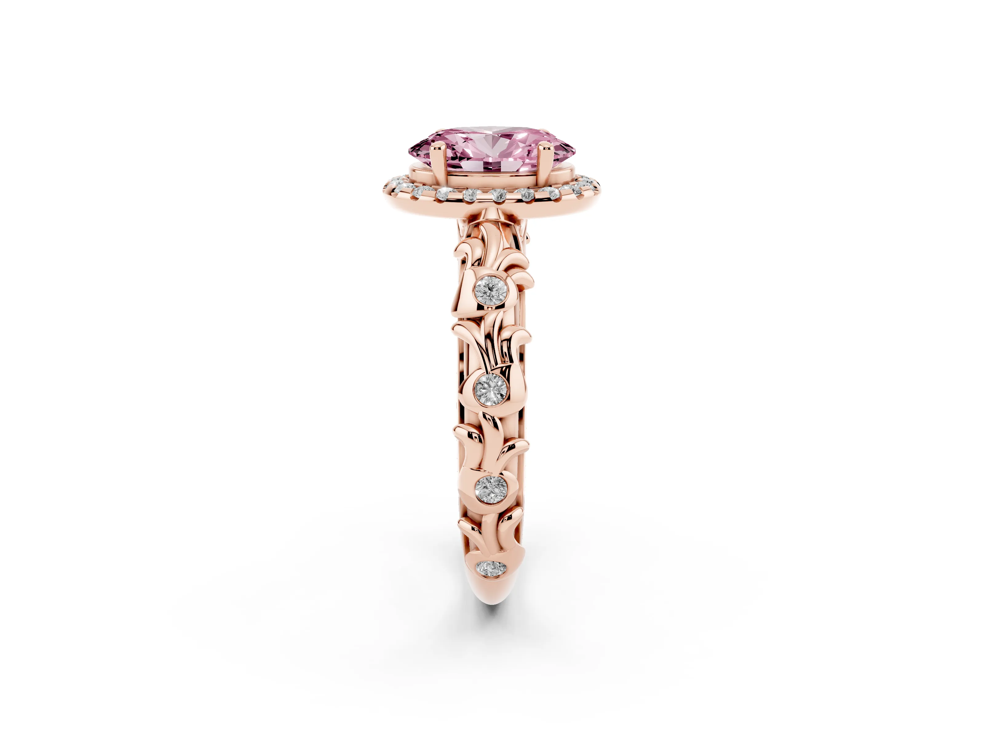 Fancy Pink Oval Cut Diamond Halo Ring Set in Rose gold with Filigree Leaf Band and Prong Setting