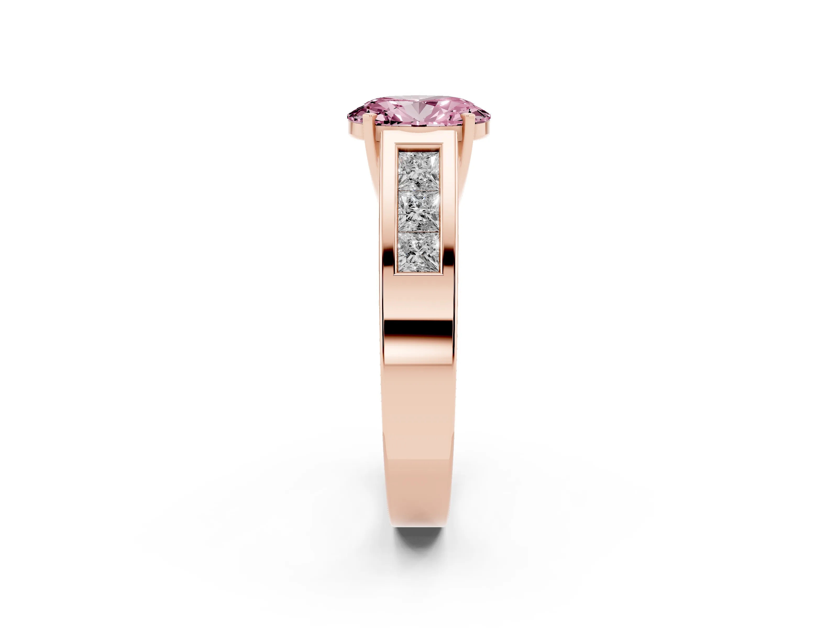 Fancy Pink Oval Cut Diamond Solitaire Ring Set in Rose gold with Channel-Set Accent Stones and Prong Setting
