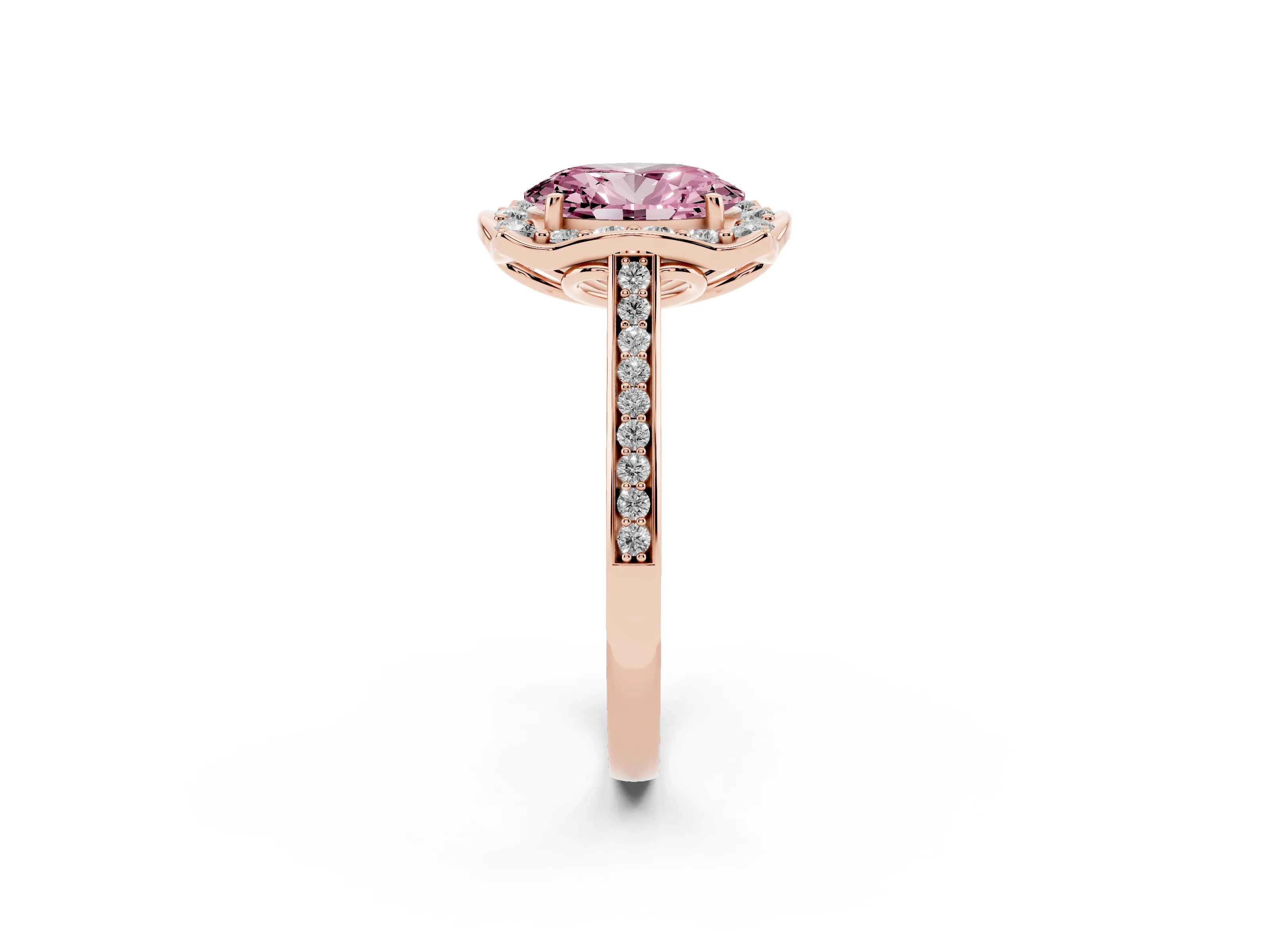 Fancy Pink Oval Cut Diamond Halo Ring Set in Rose gold with Pavé-Lined Shoulders and Prong Setting