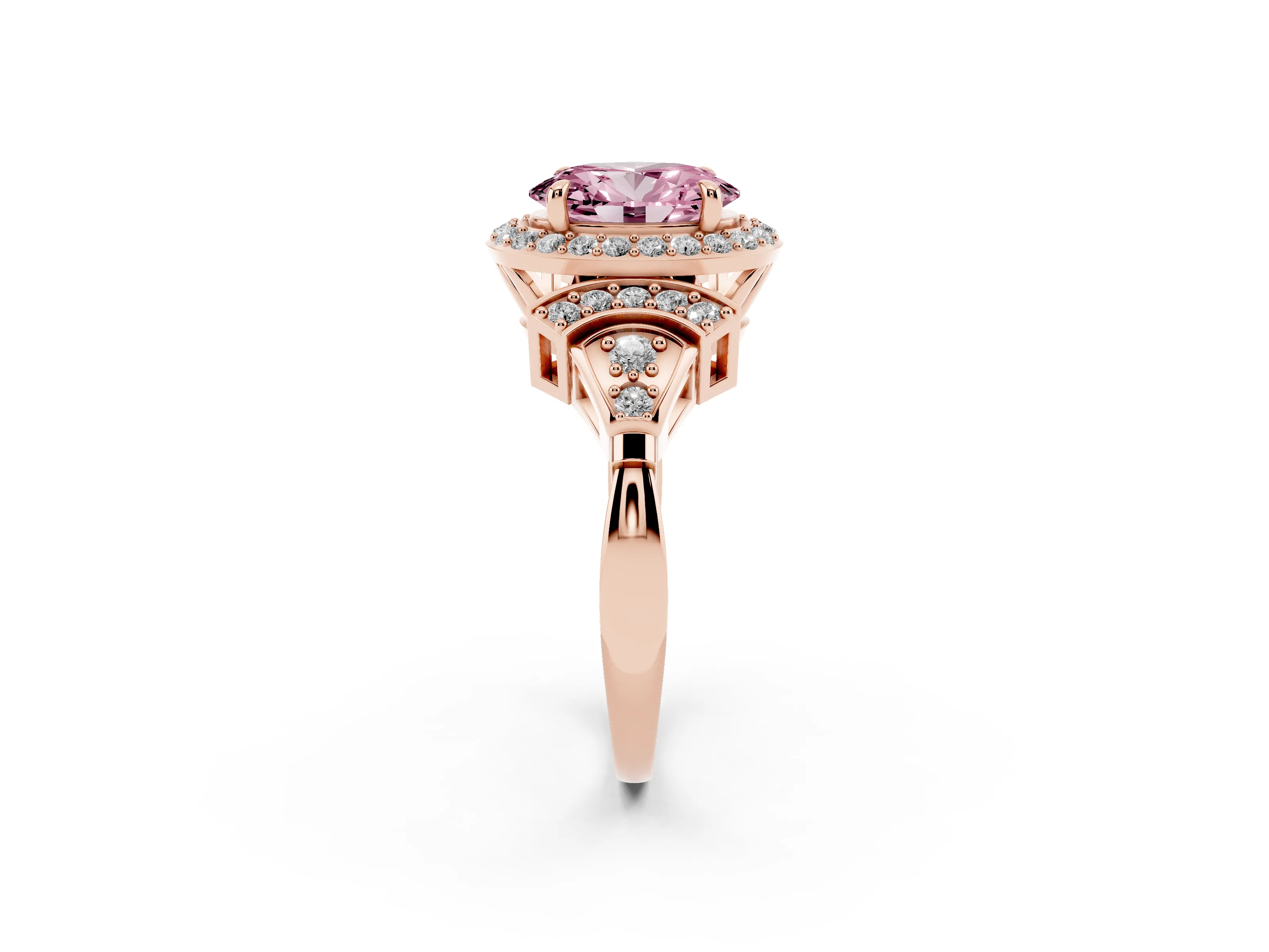 Fancy Pink Oval Cut Diamond Halo Engagement Ring Set in Rose gold with Accent Stone Split Shank
