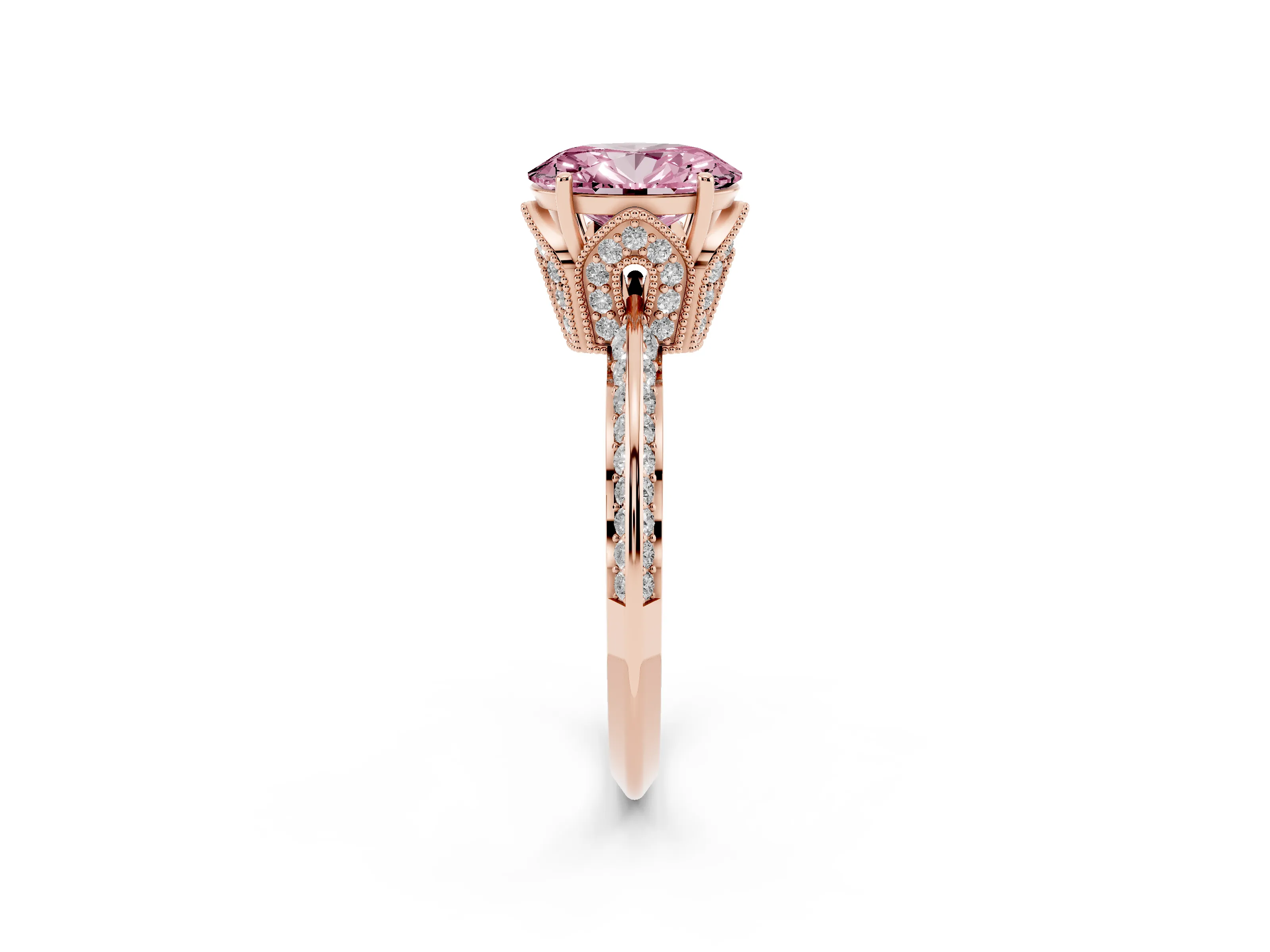 Fancy Pink Oval Cut Diamond Solitaire Engagement Ring Set in Rose gold with Pavé Split Shank and Prong Setting
