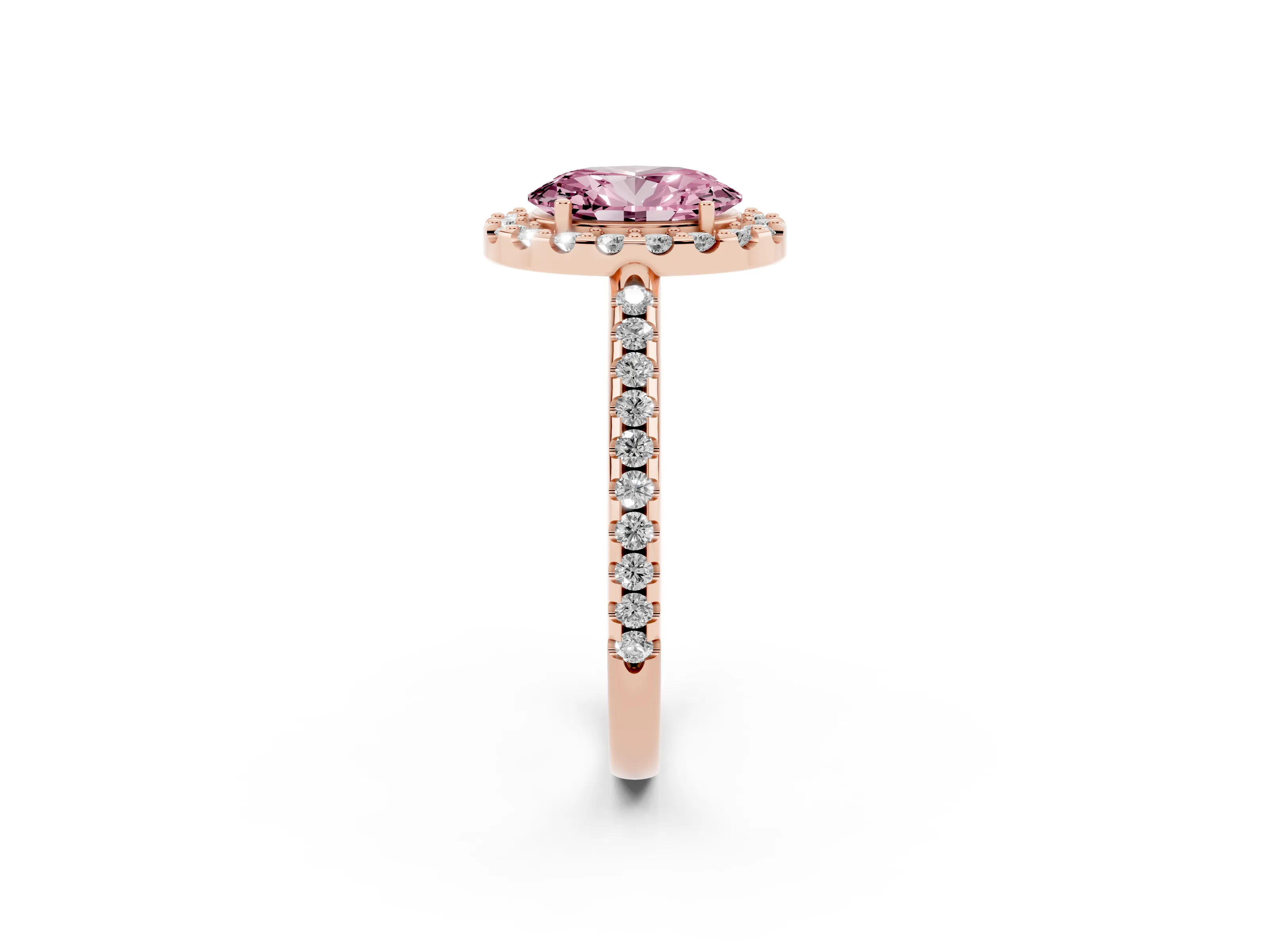 Fancy Pink Oval Cut Diamond Pavé Halo Ring Set in Rose gold with Prong Setting