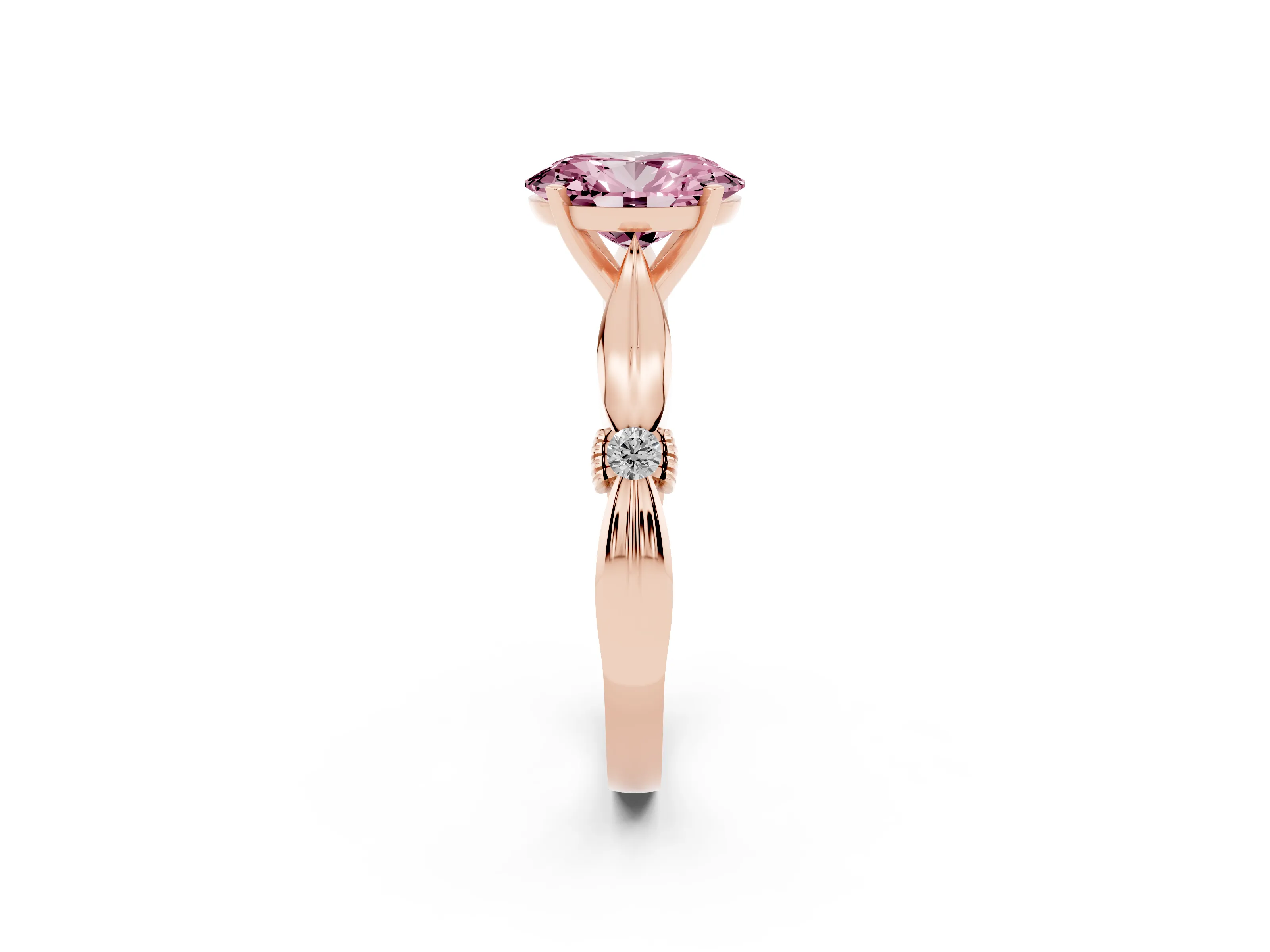 Fancy Pink Oval Cut Diamond Solitaire Twisted Band Ring Set in Rose gold with Accent Stones and Prong Setting