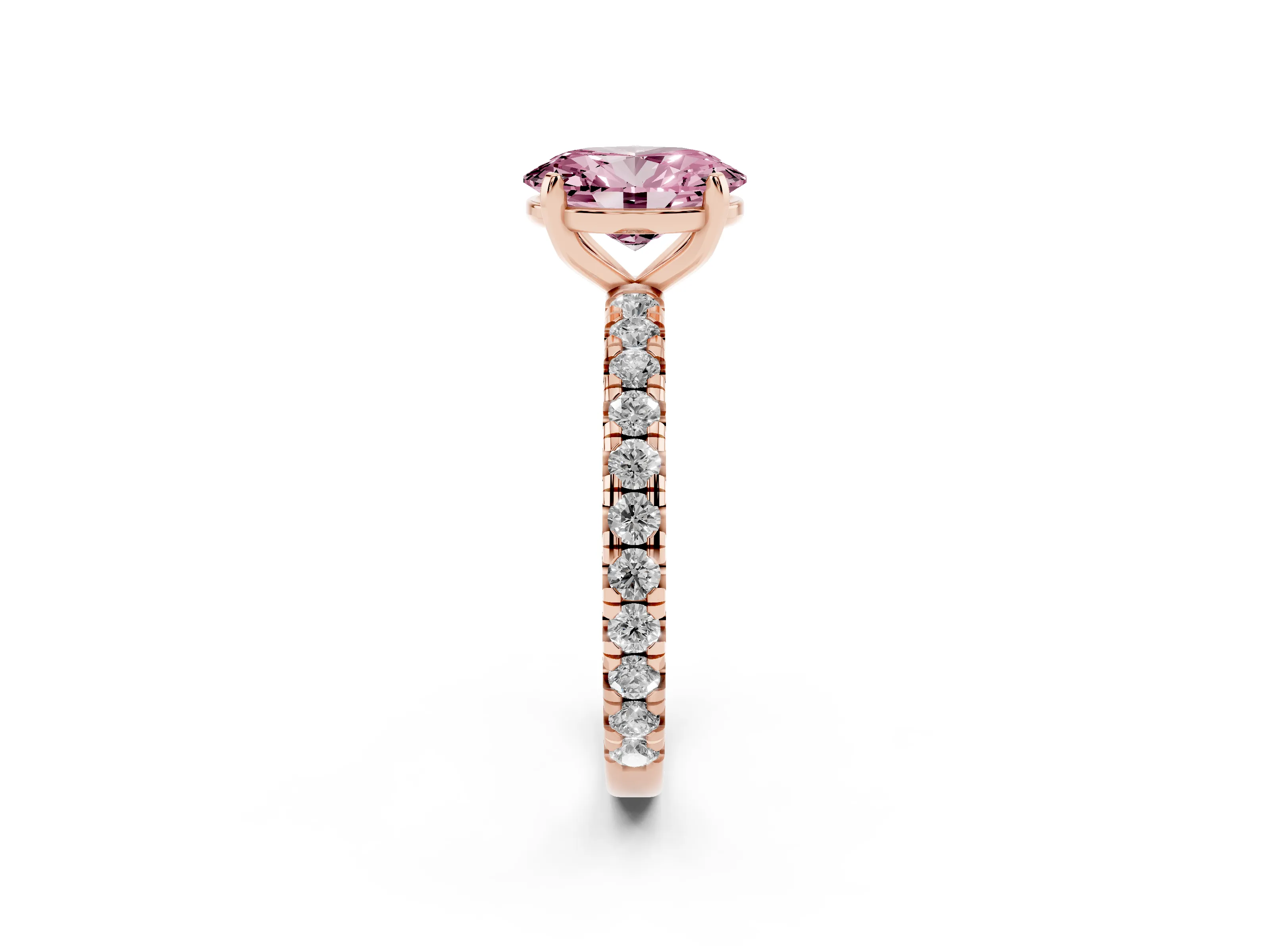 Fancy Pink Oval Cut Diamond Pavé Solitaire Ring Set in Rose gold with Round Band and Prong Setting