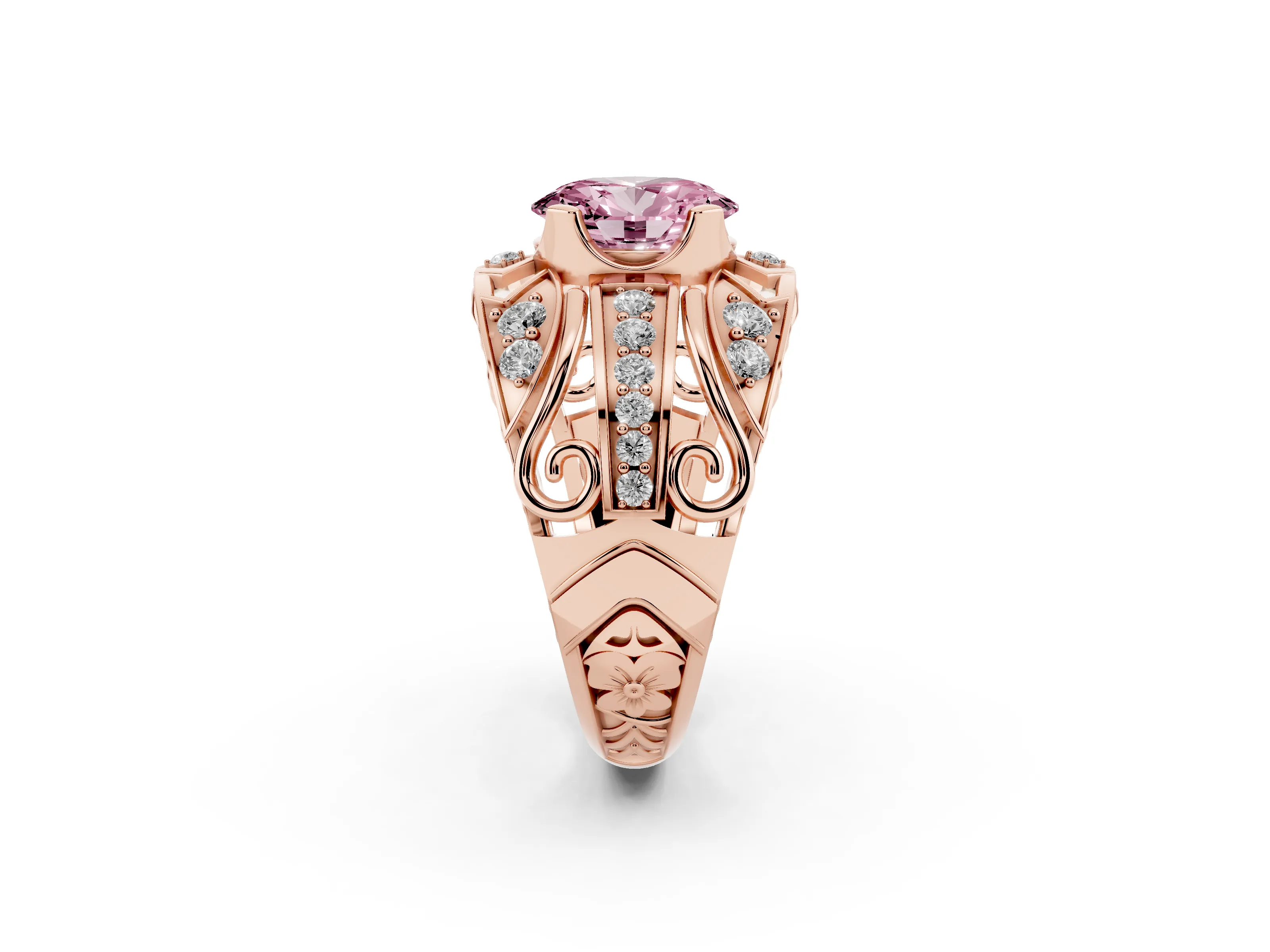 Fancy Pink Oval Cut Diamond Art Deco Ring Set in Rose gold with Pavé Split Shank