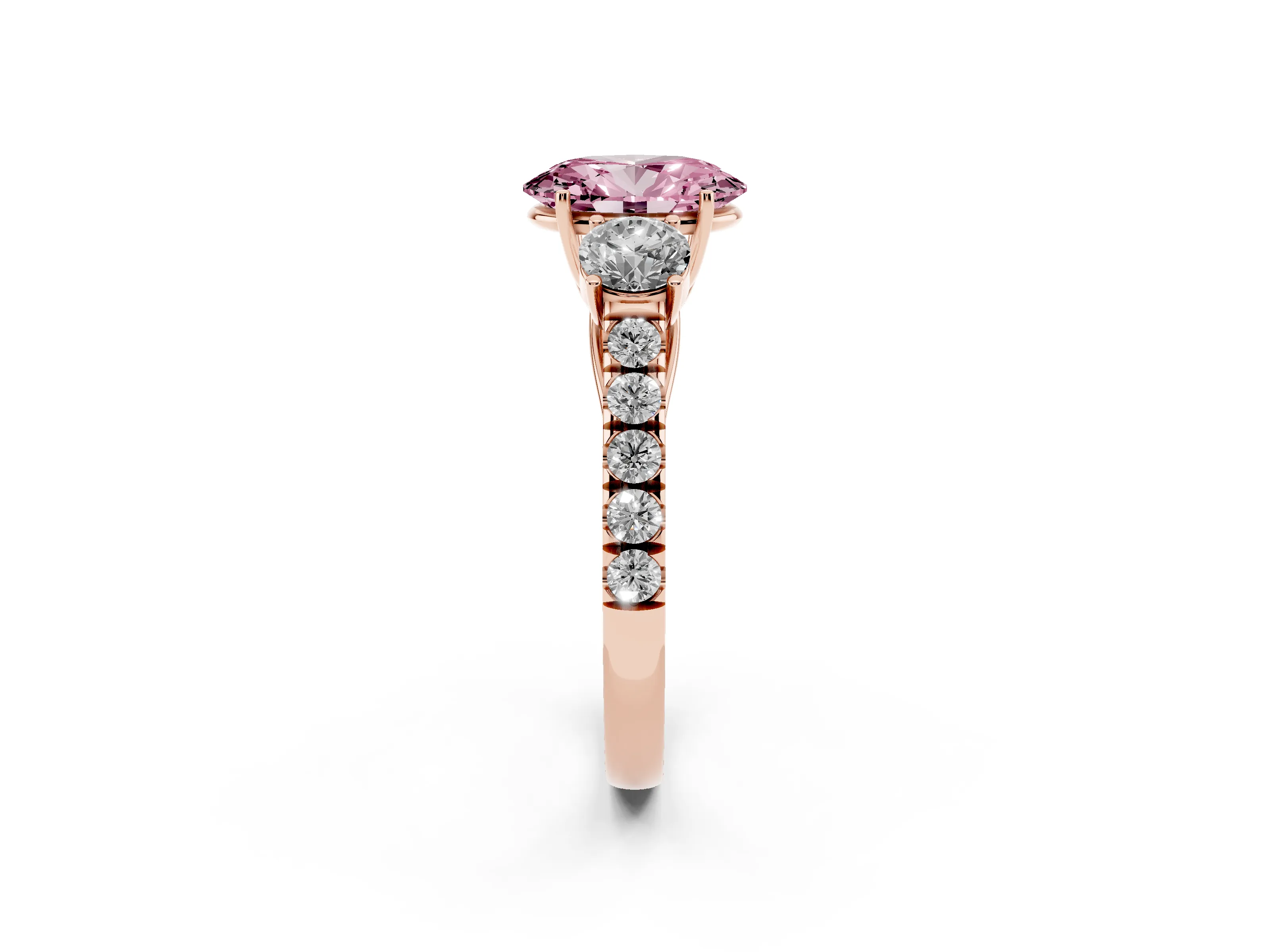 Fancy Pink Oval Cut Diamond Three-Stone Ring Set in Rose gold with Round Side Stones and Delicate Pavé Band
