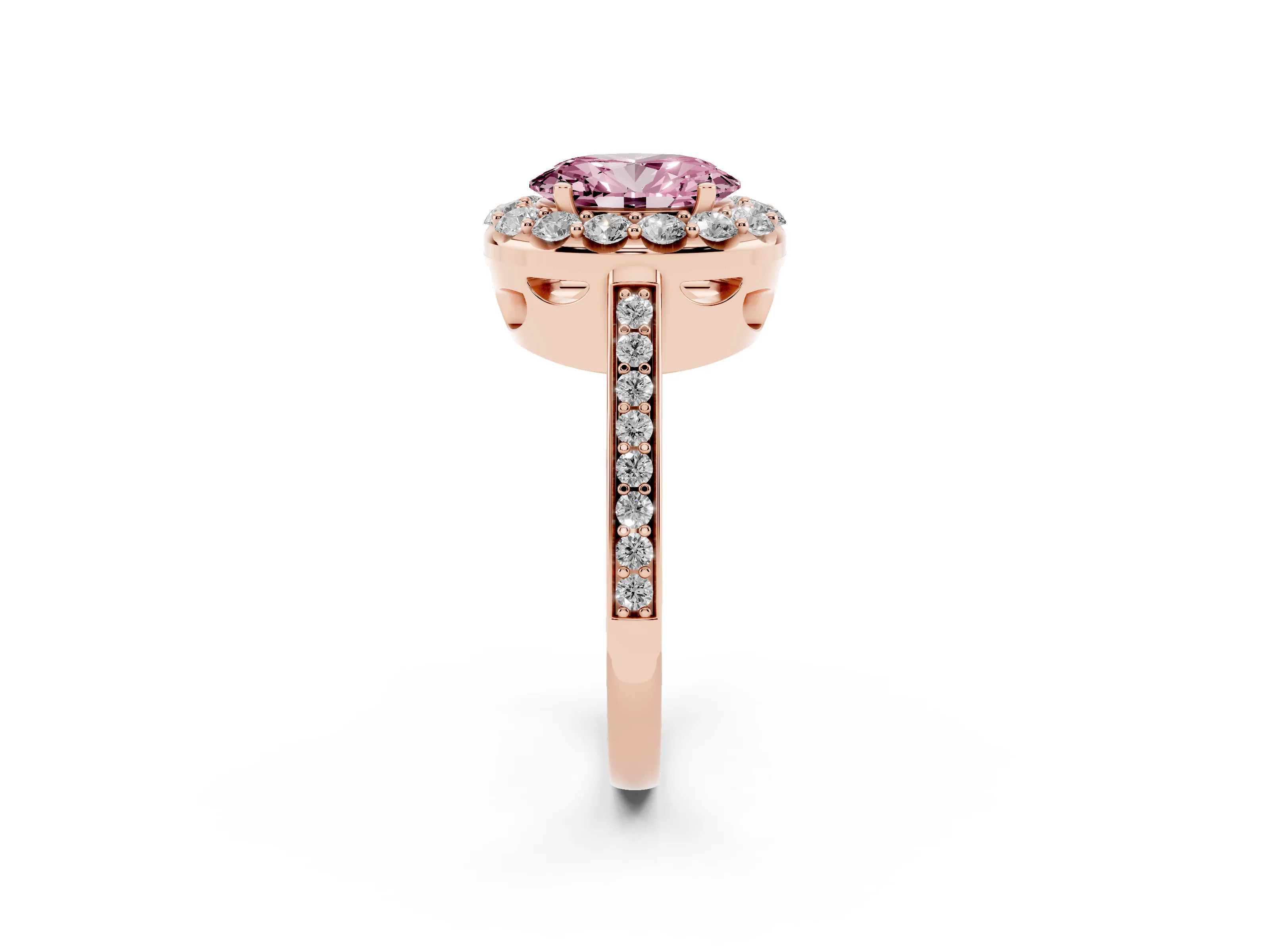 Fancy Pink Oval Cut Diamond Floral Halo Ring Set in Rose gold with Pavé Band and Prong Setting