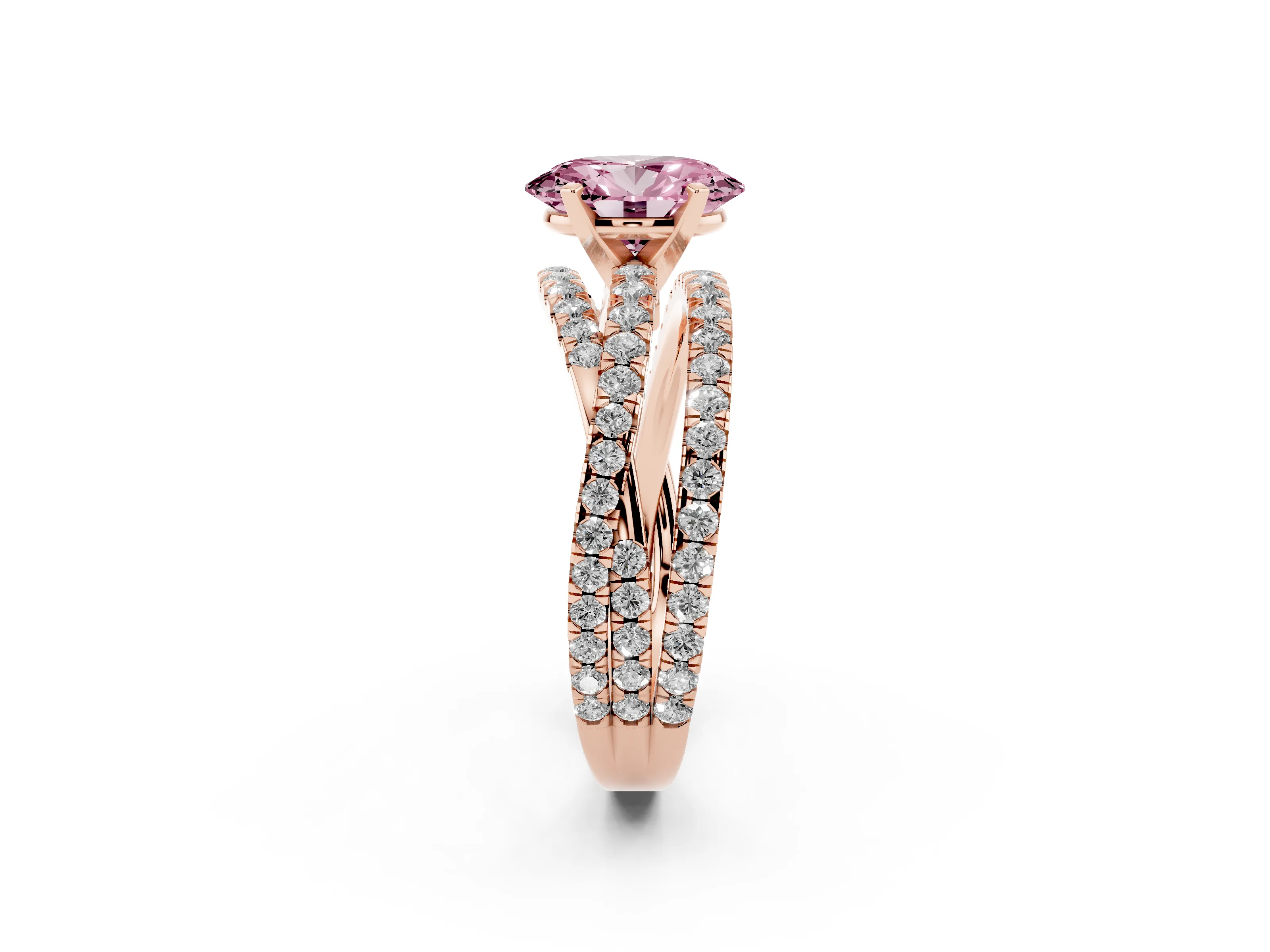 Fancy Pink Oval Cut Diamond Solitaire Twist Band Ring Set in Rose gold with Pavé Setting and Prong Head