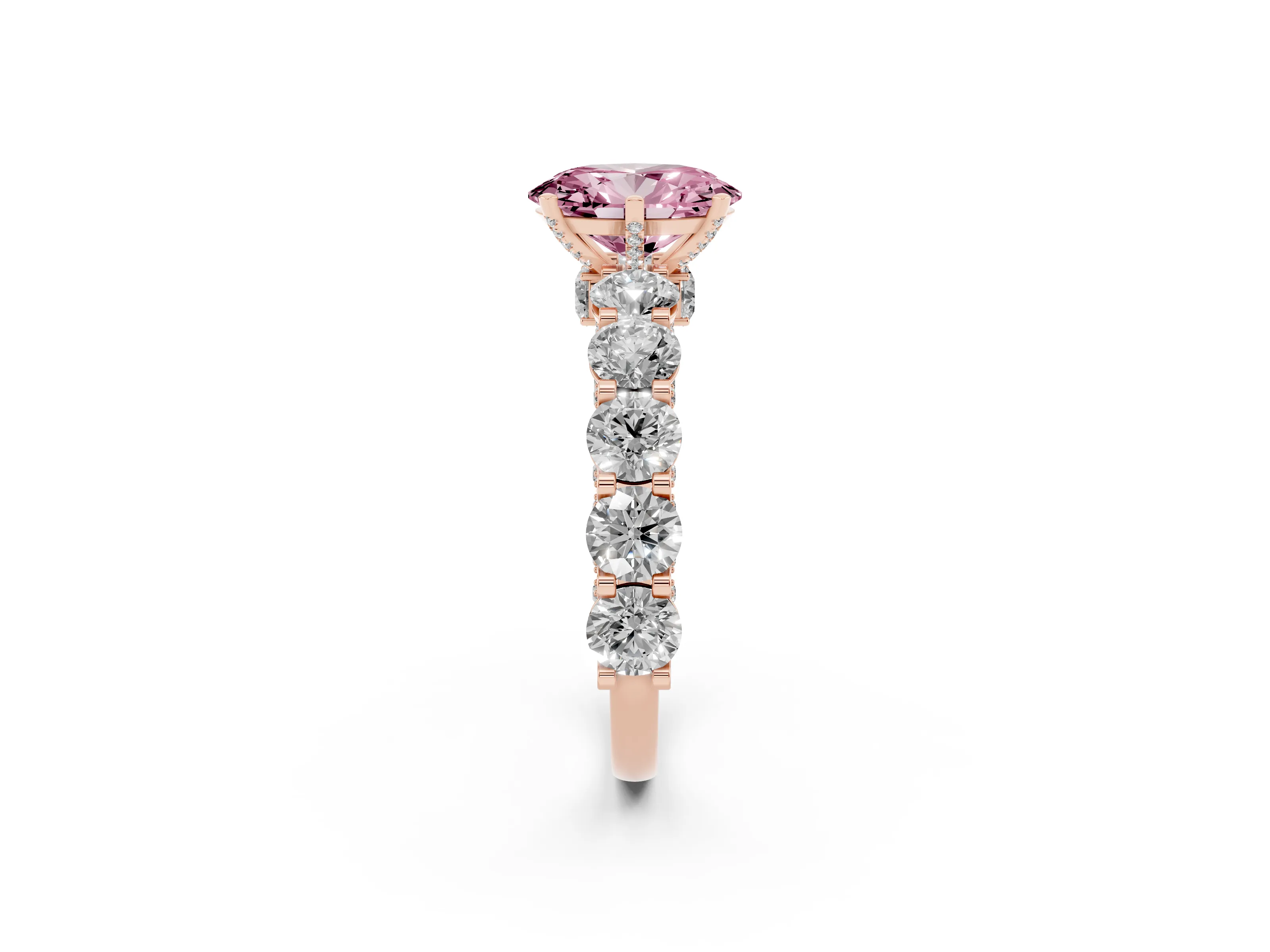 Fancy Pink Oval Cut Diamond Side Stone Ring Set in Rose gold with Alternating Round and Oval Side Stones
