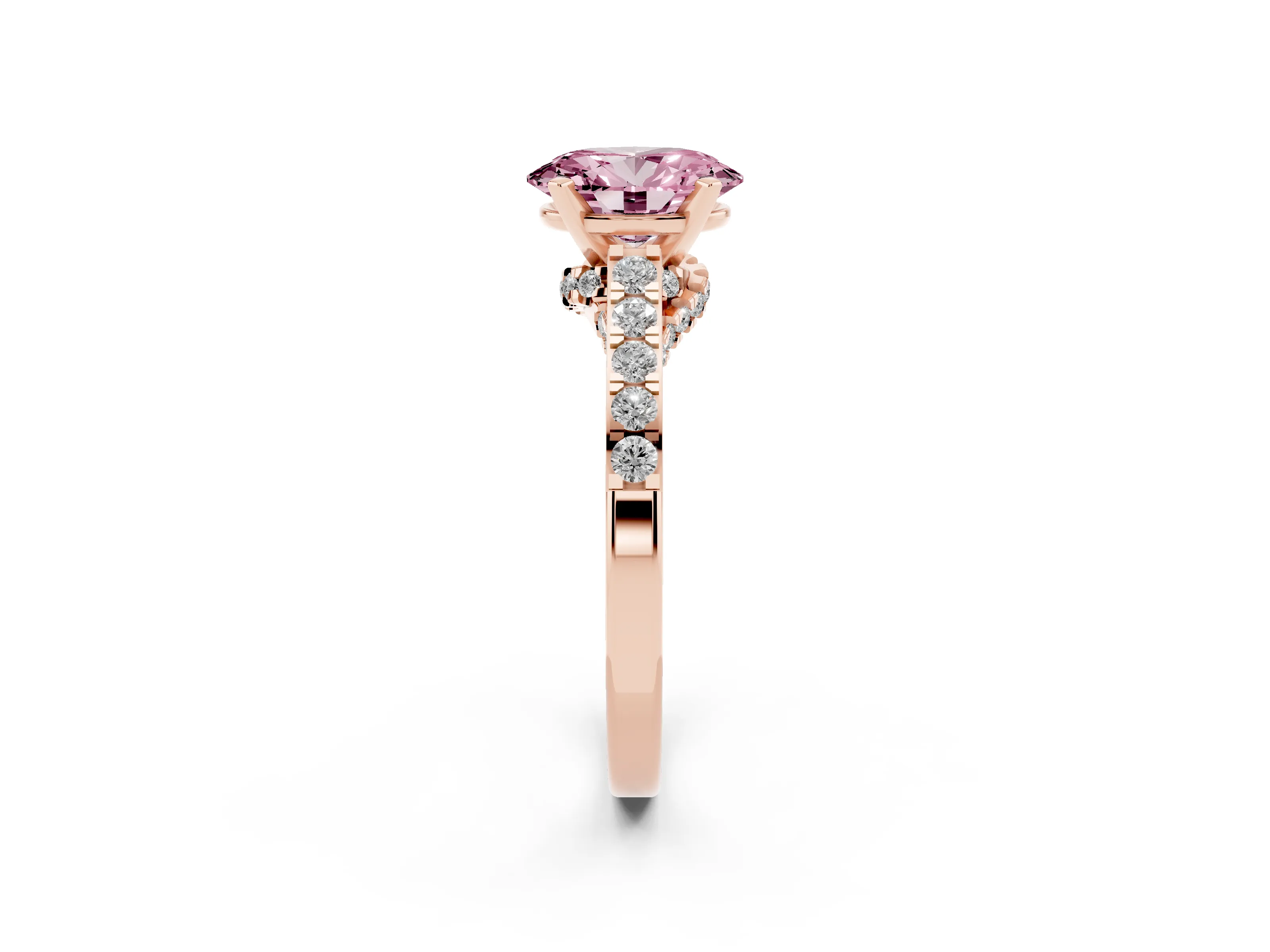 Fancy Pink Oval Cut Diamond Solitaire Ring Set in Rose gold with Crossover Gallery and Round Pavé Band