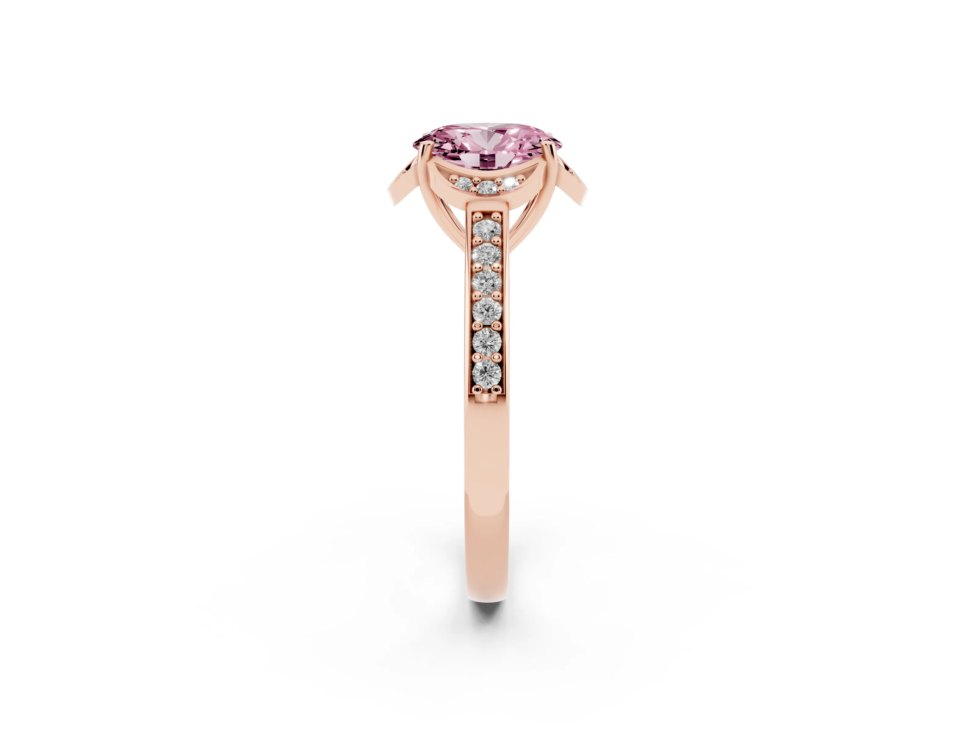Fancy Pink Oval Cut Diamond Halo Ring Set in Rose gold with Channel Set Band and Prong Setting