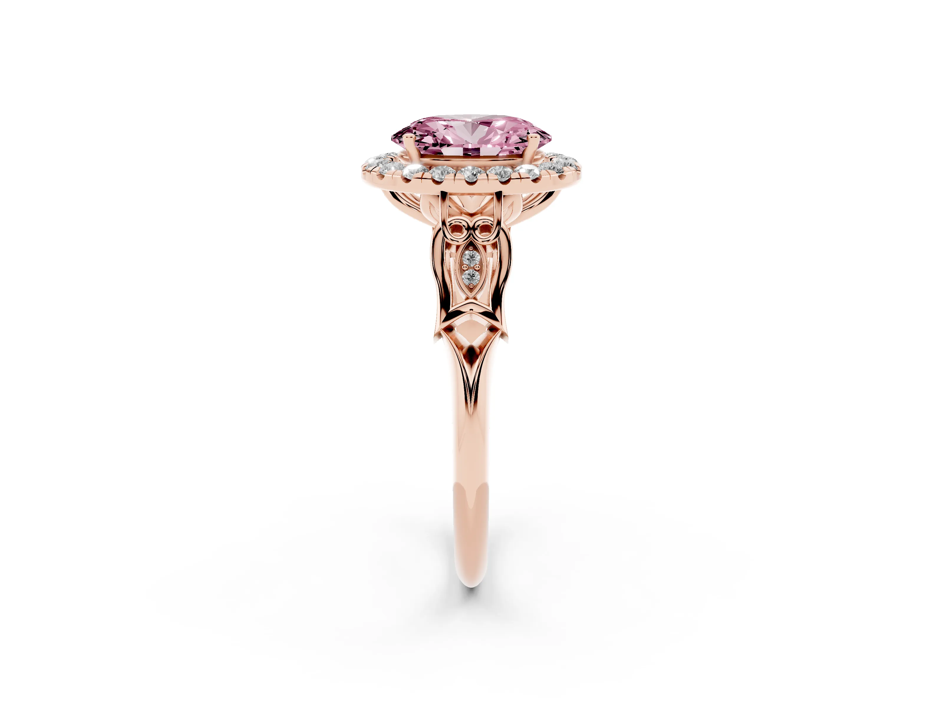 Fancy Pink Oval Cut Diamond Halo Engagement Ring Set in Rose gold with Filigree Band and Prong-Set Center