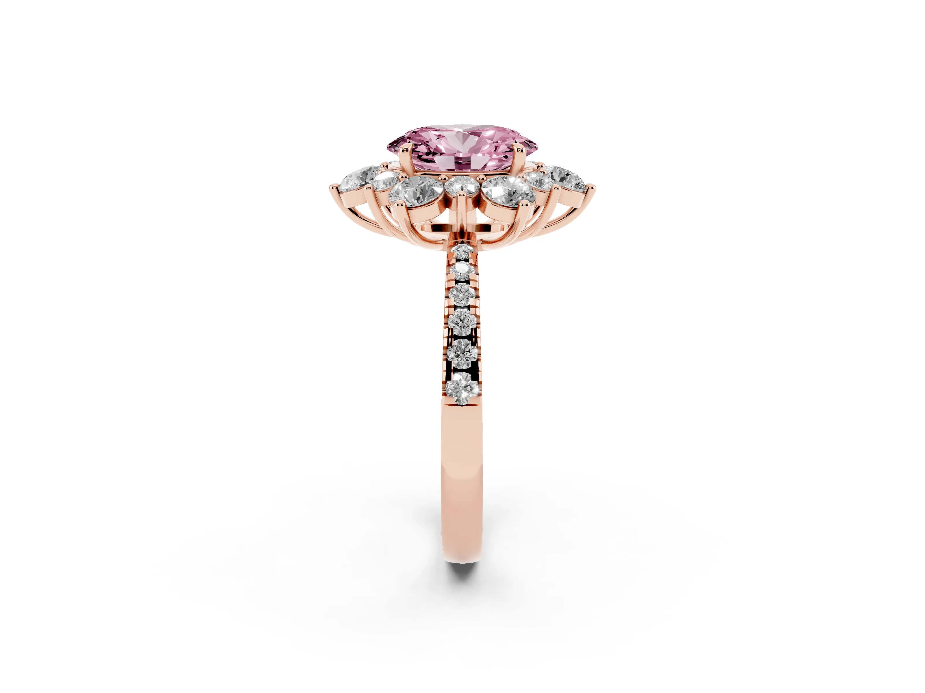 Fancy Pink Oval Cut Diamond Floral Halo Ring Set in Rose gold with Round Pavé Band and Prong Setting