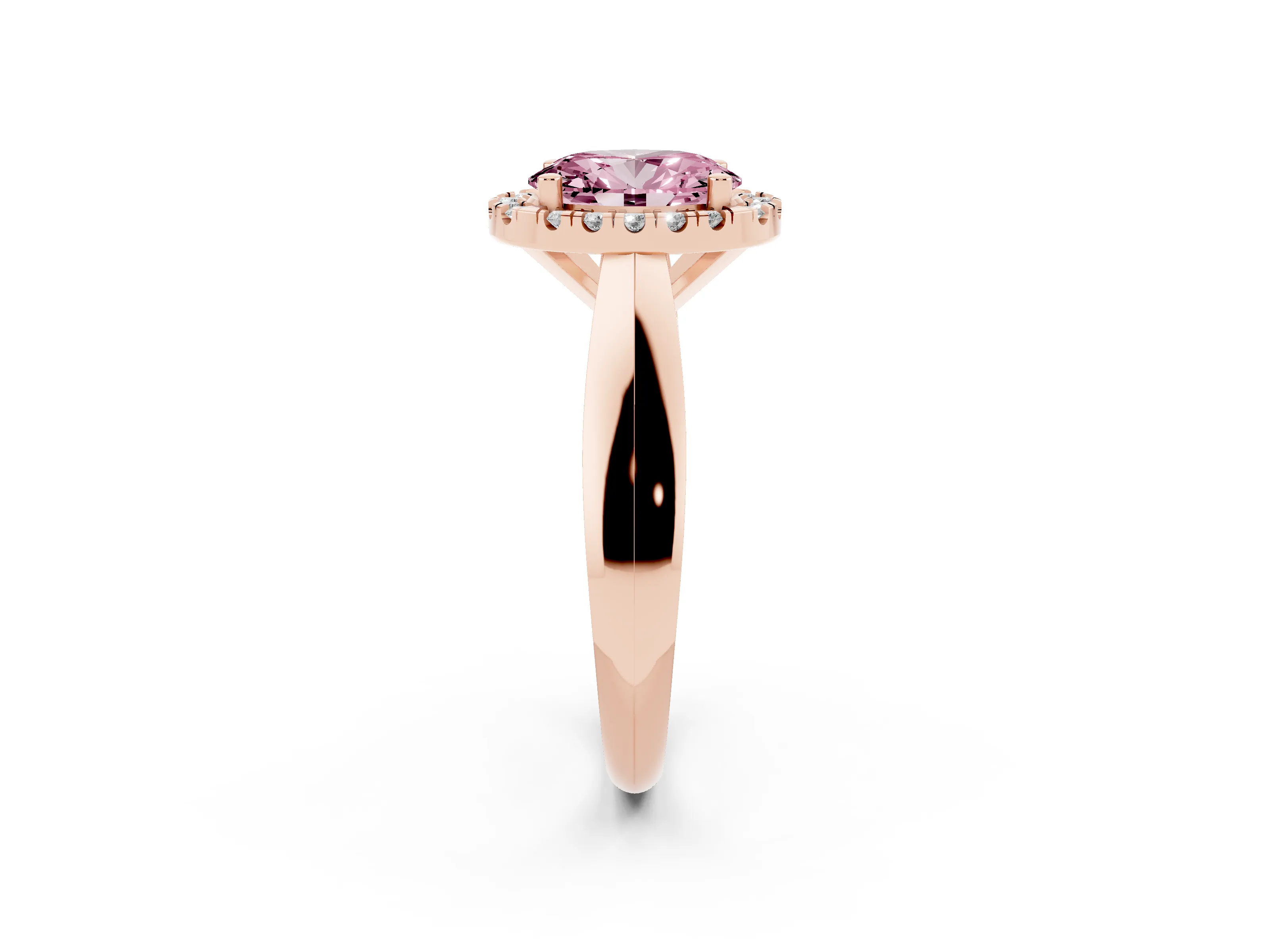 Fancy Pink Oval Cut Diamond Halo Solitaire Engagement Ring Set in Rose gold with Square Band and Prong Setting