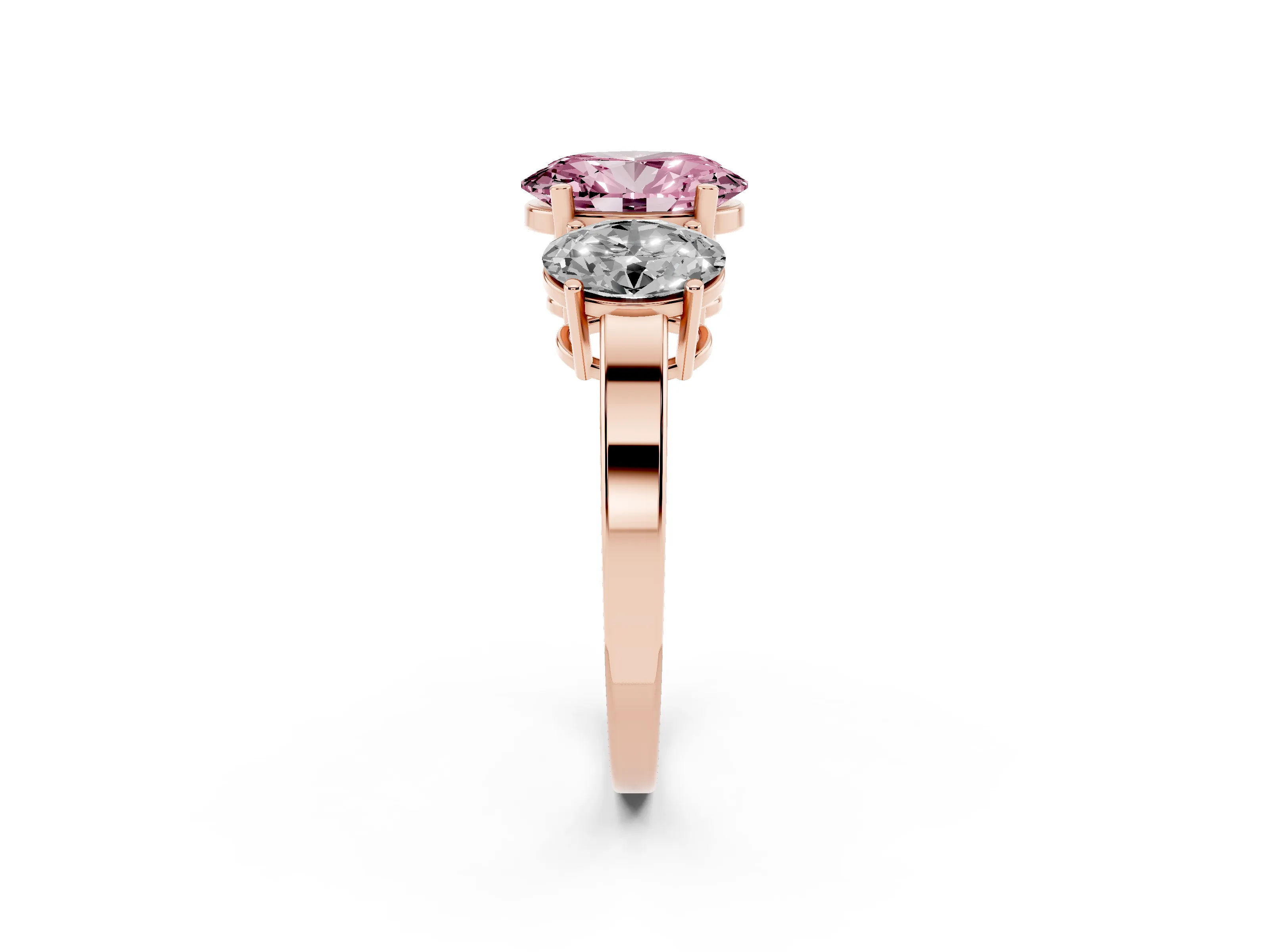 Fancy Pink Oval Cut Diamond Three-Stone Engagement Ring Set in Rose gold with Flat Band