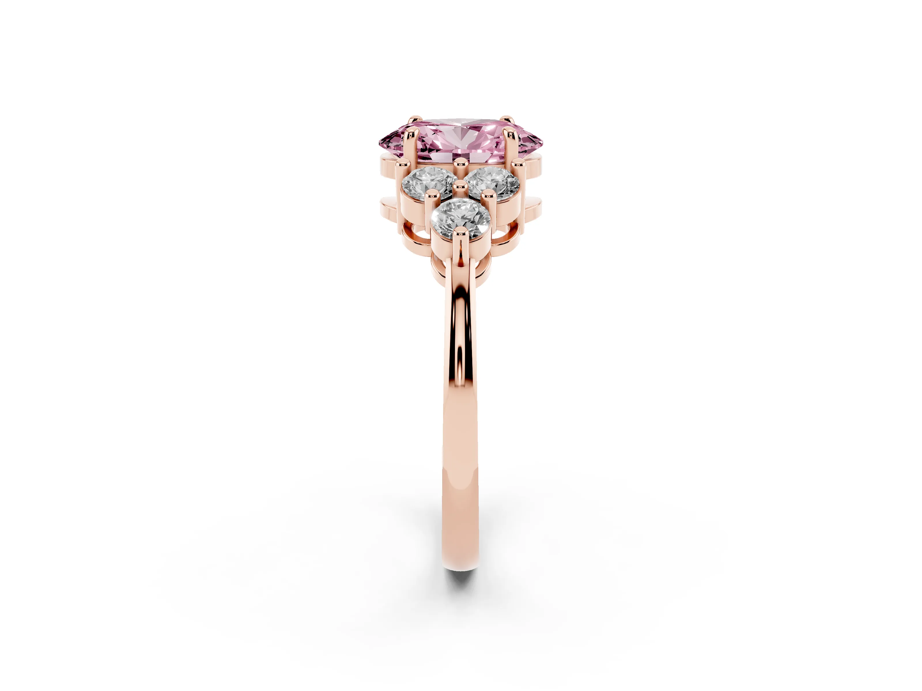 Fancy Pink Oval Cut Diamond Solitaire Ring Set in Rose gold with Cluster Accents on Each Side