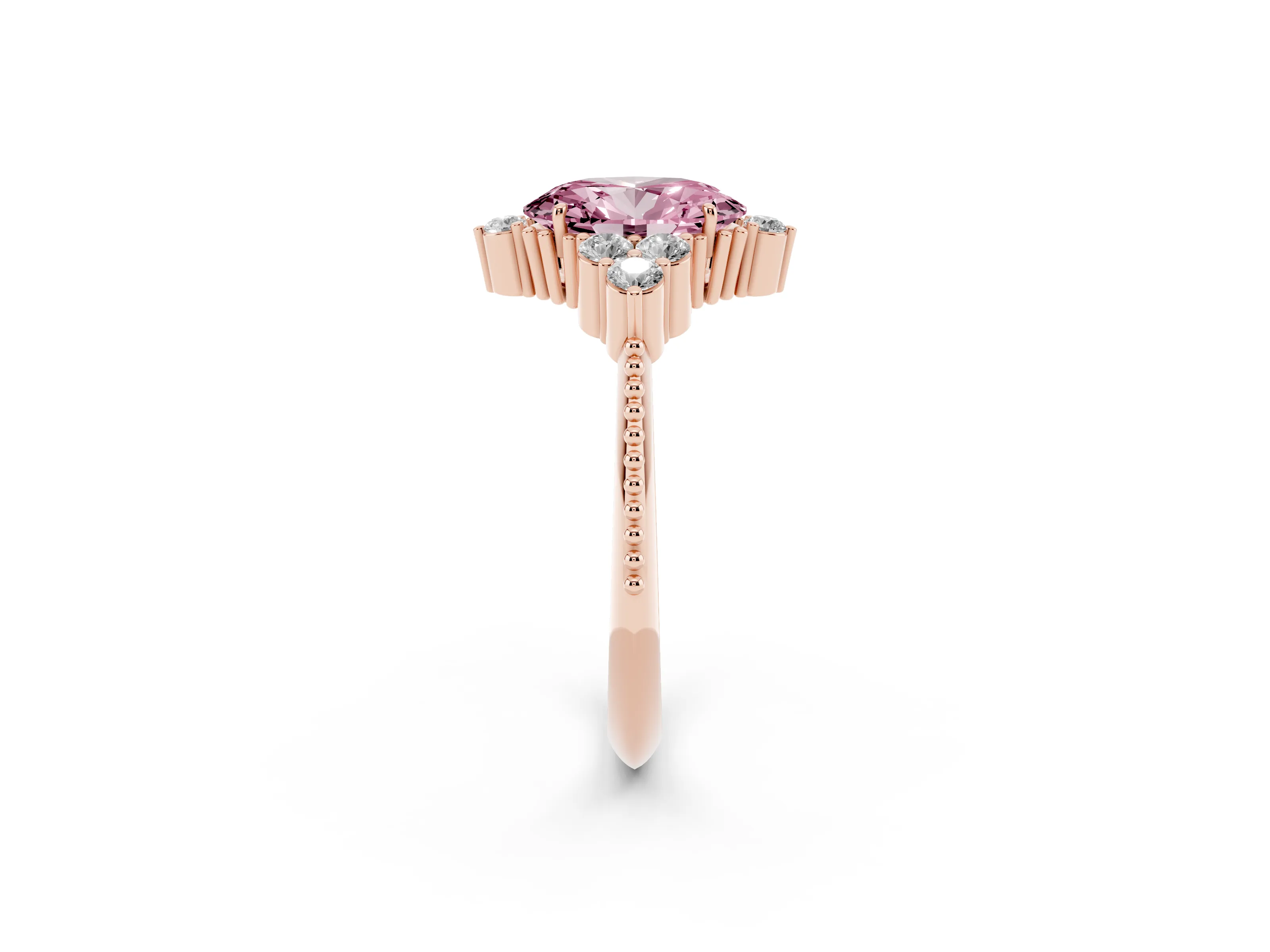 Fancy Pink Oval Cut Diamond Cluster Ring Set in Rose gold with Beaded Band
