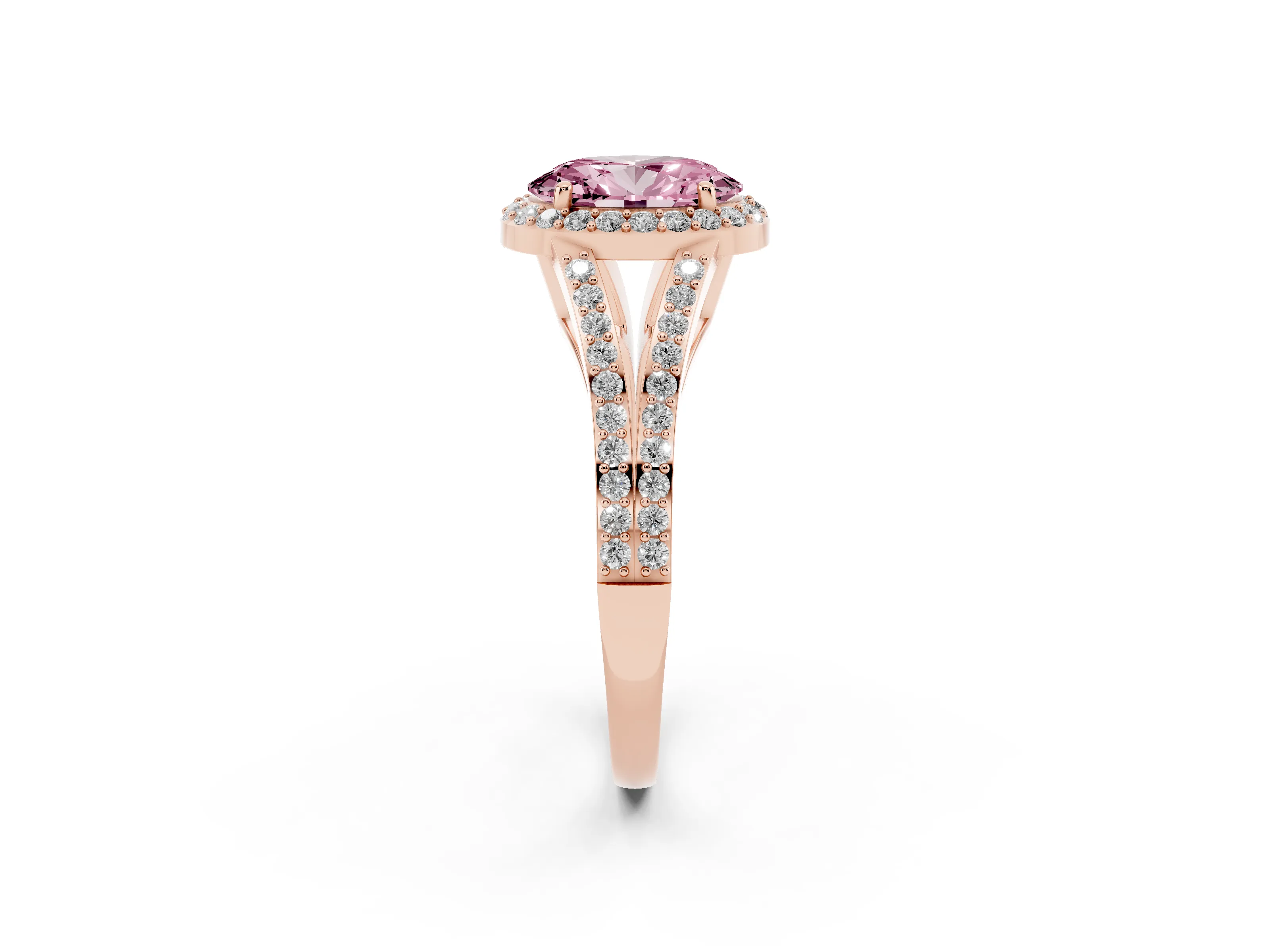 Fancy Pink Oval Cut Diamond Halo Split Shank Ring Set in Rose gold with Accent Stones and Prong Setting