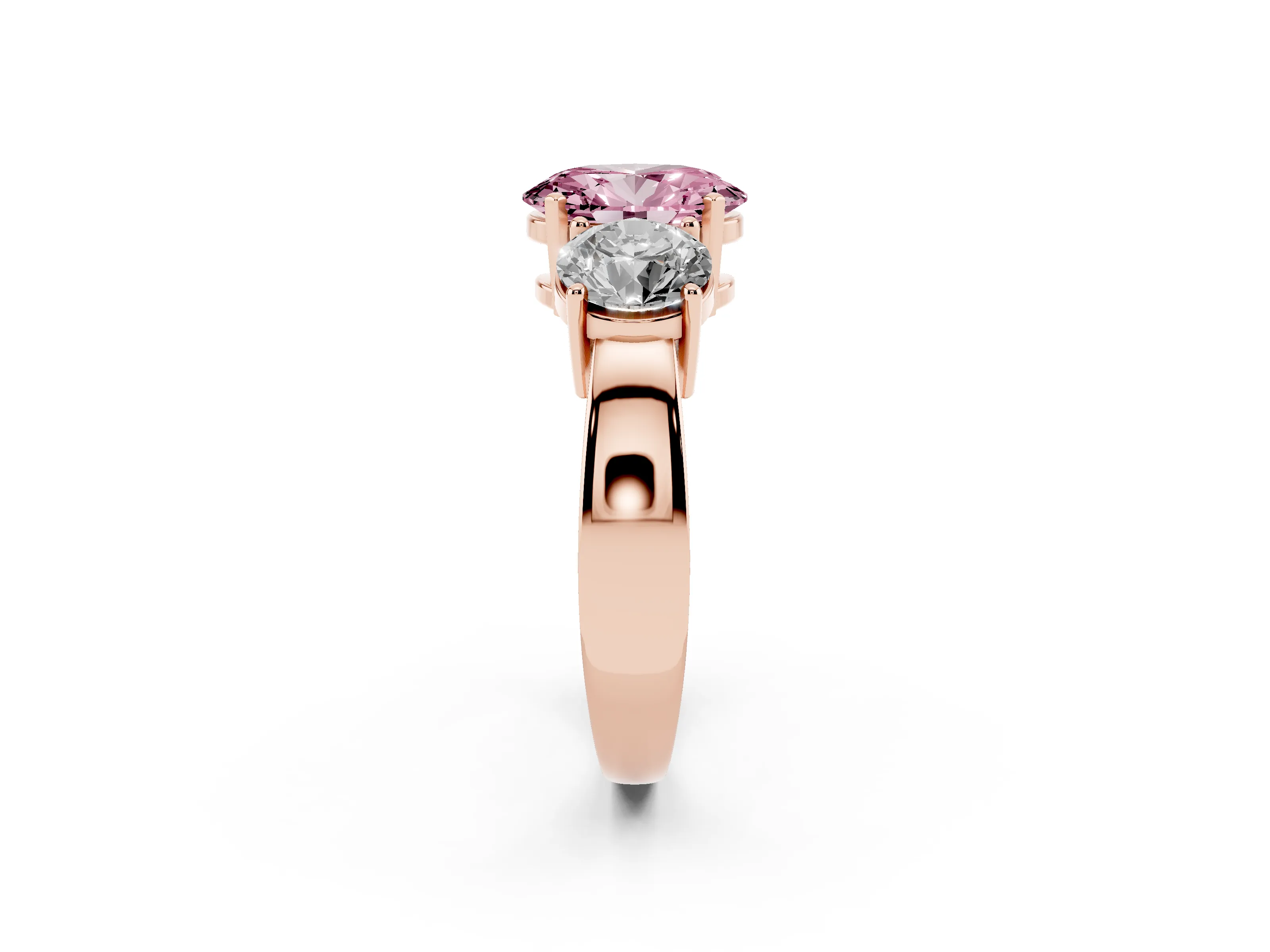 Oval Three Stone Engagement Ring Setting for a Fancy Pink Lab-Grown Diamond | Wide Plain Band | Rose Gold