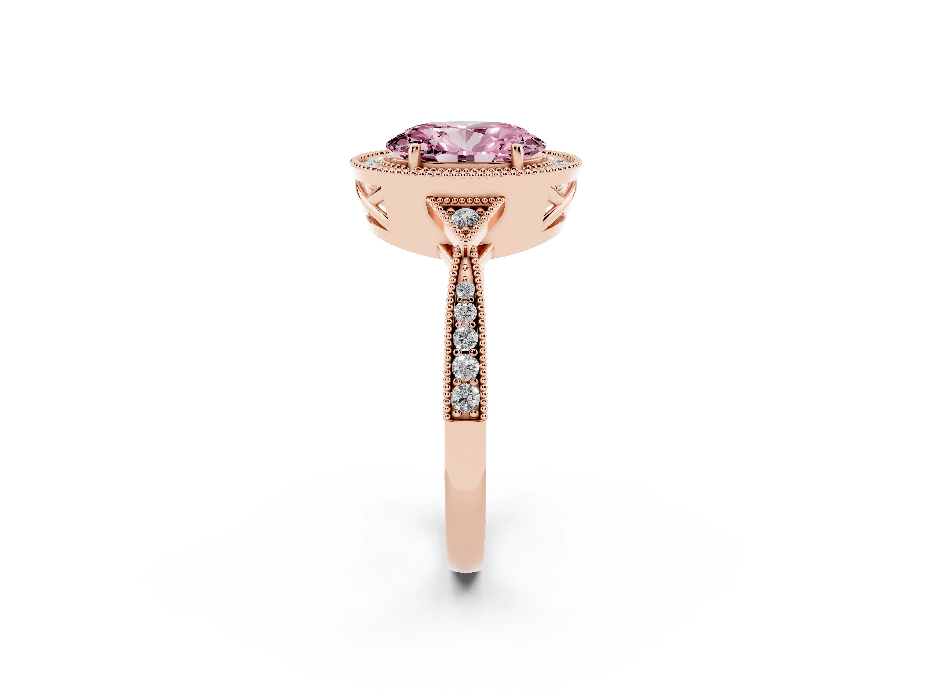 Fancy Pink Oval Cut Diamond Halo Engagement Ring Set in Rose gold with Milgrain Pavé Band