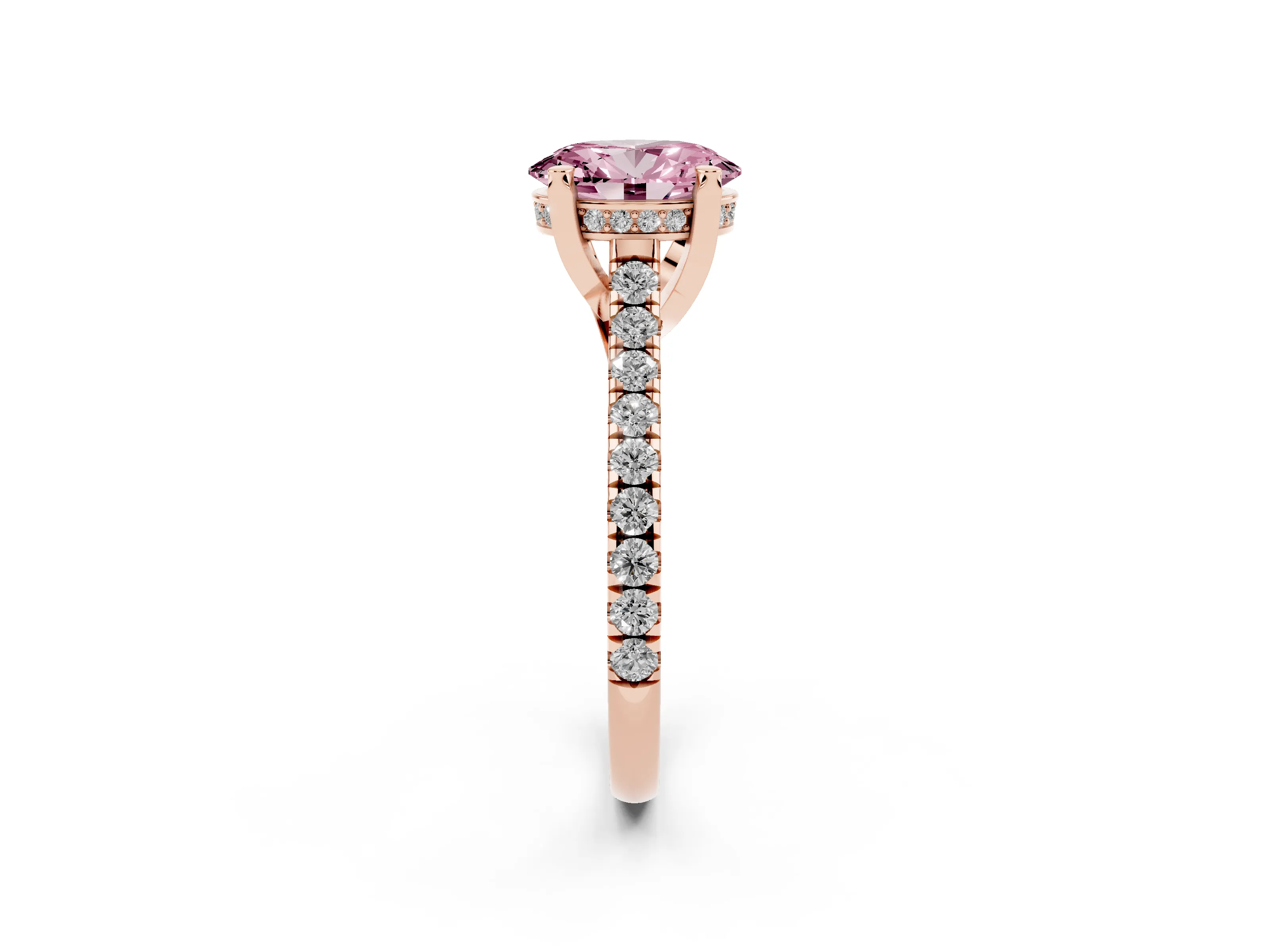 Fancy Pink Oval Cut Diamond Solitaire Ring Set in Rose gold with Brilliant Pavé Band and Prong Setting