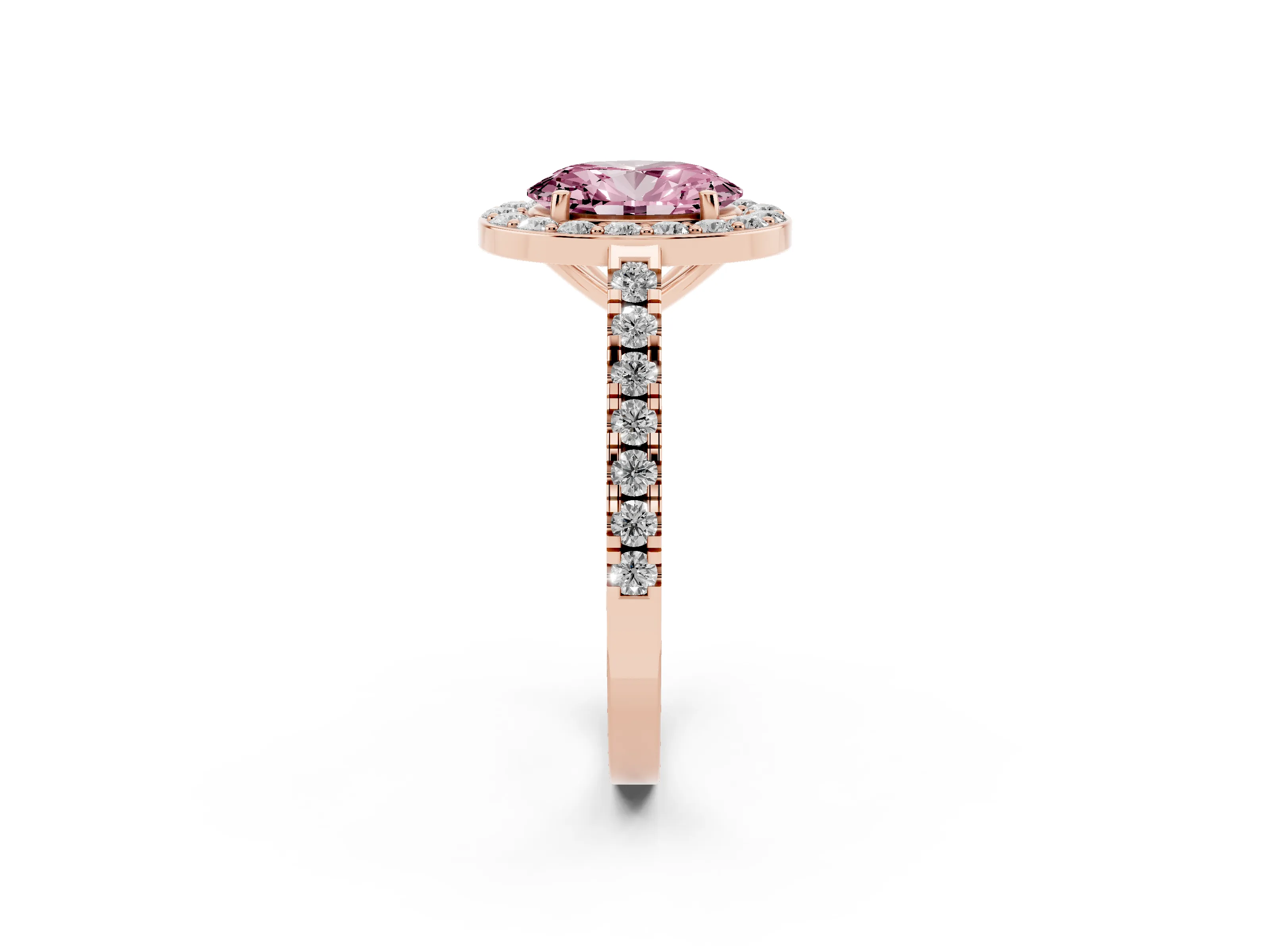 Fancy Pink Oval Cut Diamond Halo Ring Set in Rose gold with Round Pavé Split Shank and Prong Setting