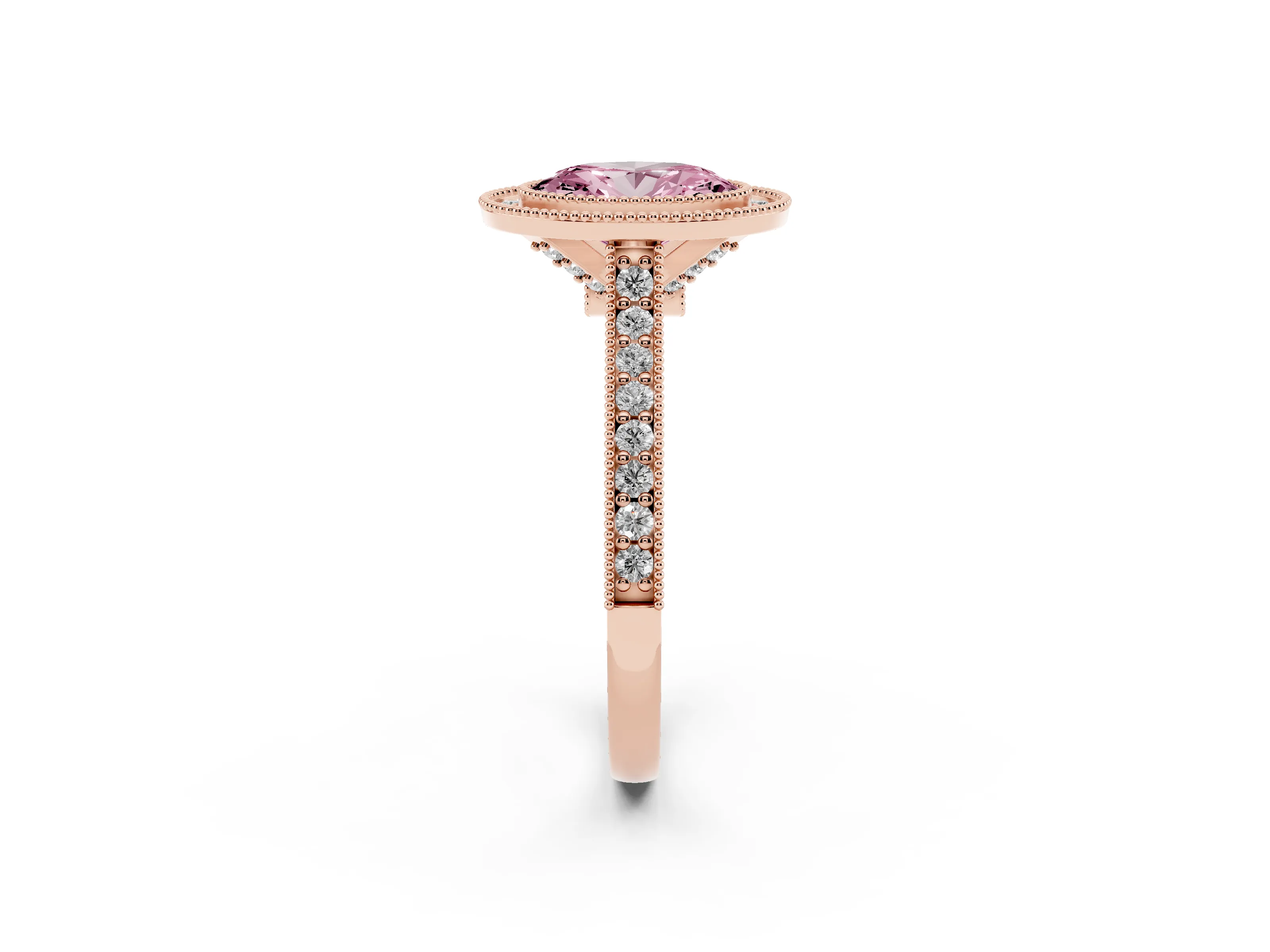 Fancy Pink Oval Cut Diamond Halo Milgrain Pavé Band Ring Set in Rose gold with Prong Setting