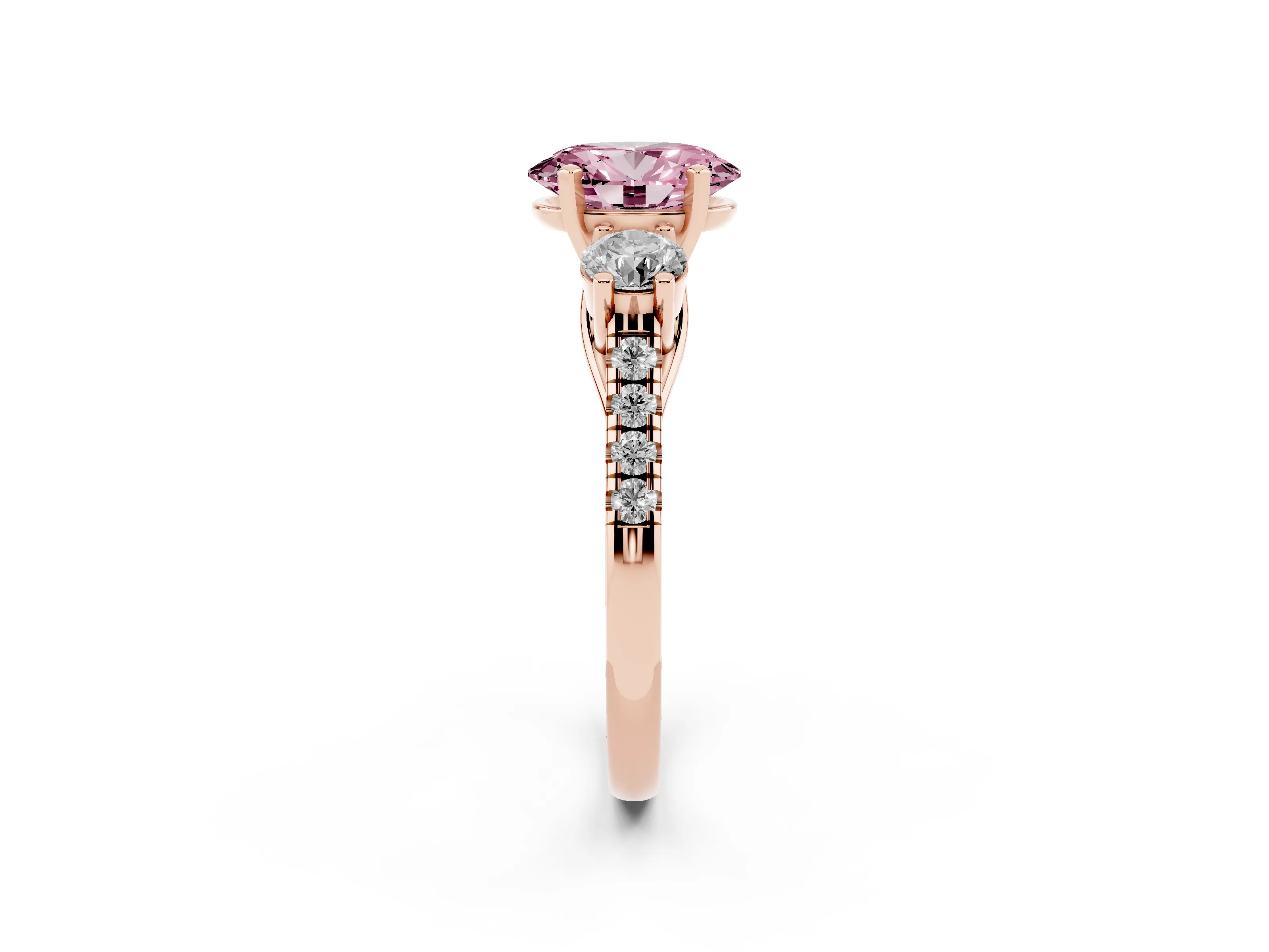 Fancy Pink Three-Stone Oval Cut Diamond Pavé Band Ring Set in Rose gold with Prong-Set Trio