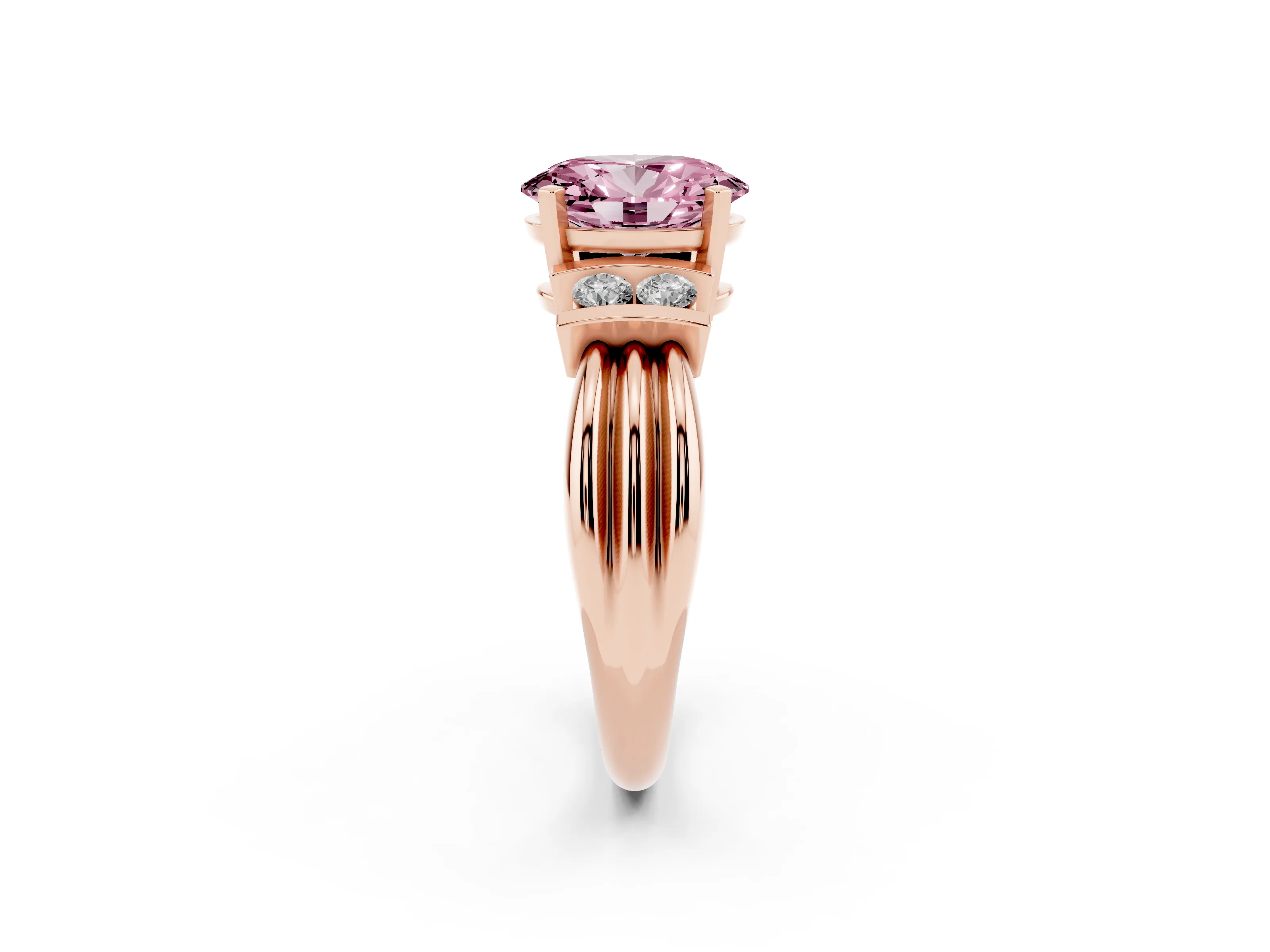 Fancy Pink Three-Stone Oval Cut Diamond Channel Set Ring Set in Rose gold with Bar Prongs