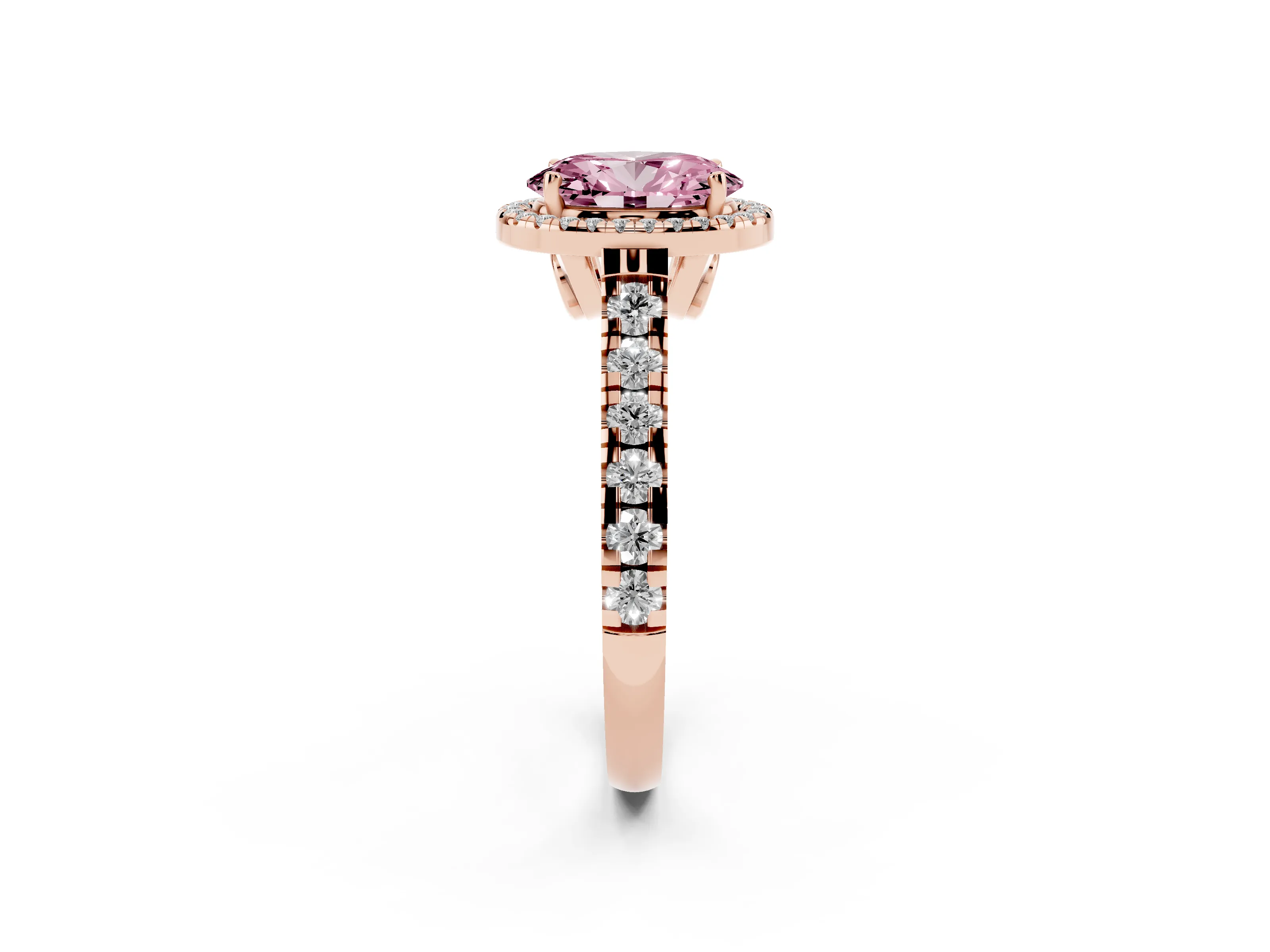 Fancy Pink Oval Cut Diamond Halo Engagement Ring Set in Rose gold with Pavé Band and Prong-Set Center