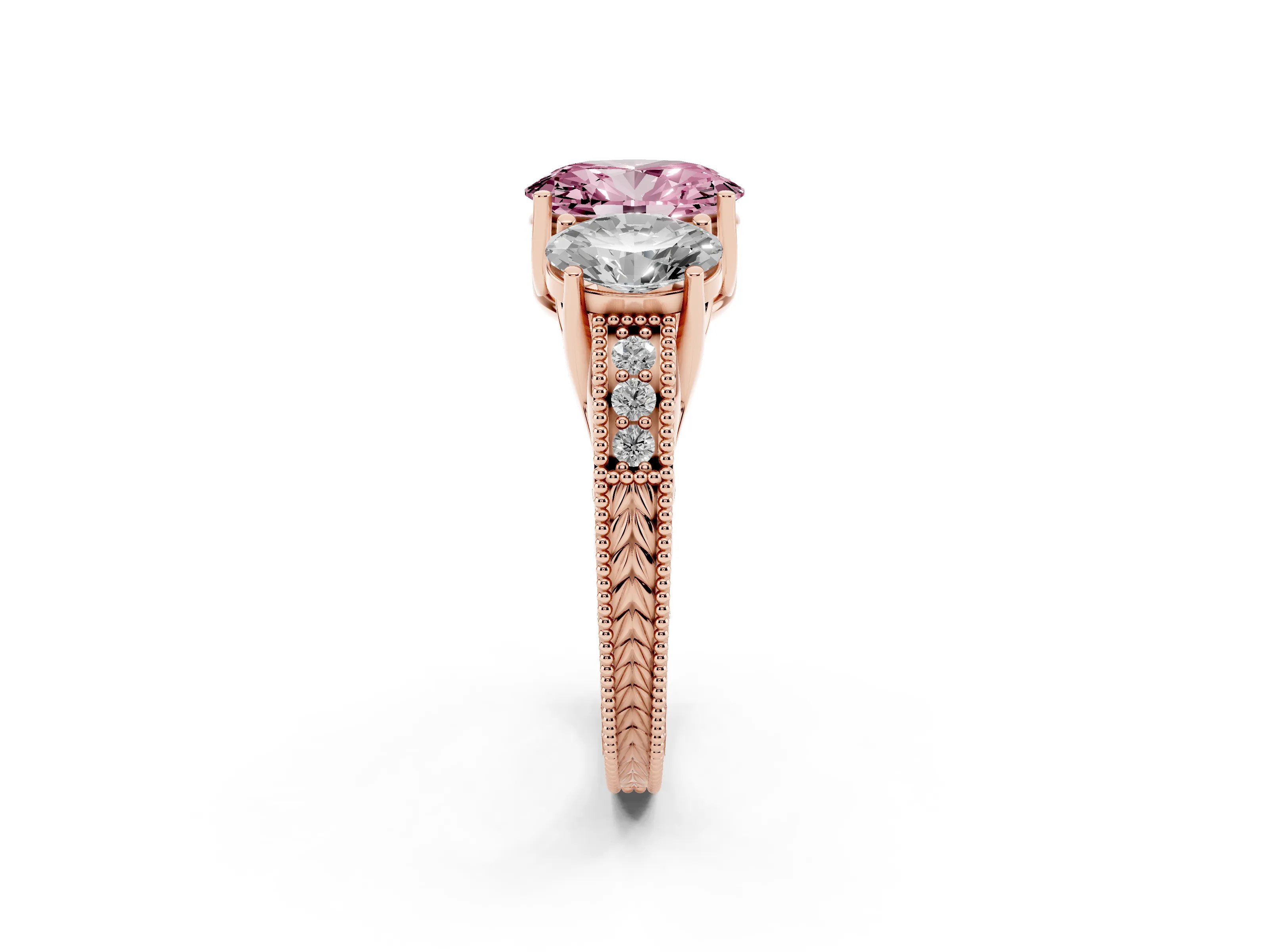 Fancy Pink Oval Cut Diamond Three-Stone Engagement Ring Set in Rose gold with Milgrain Pavé Band