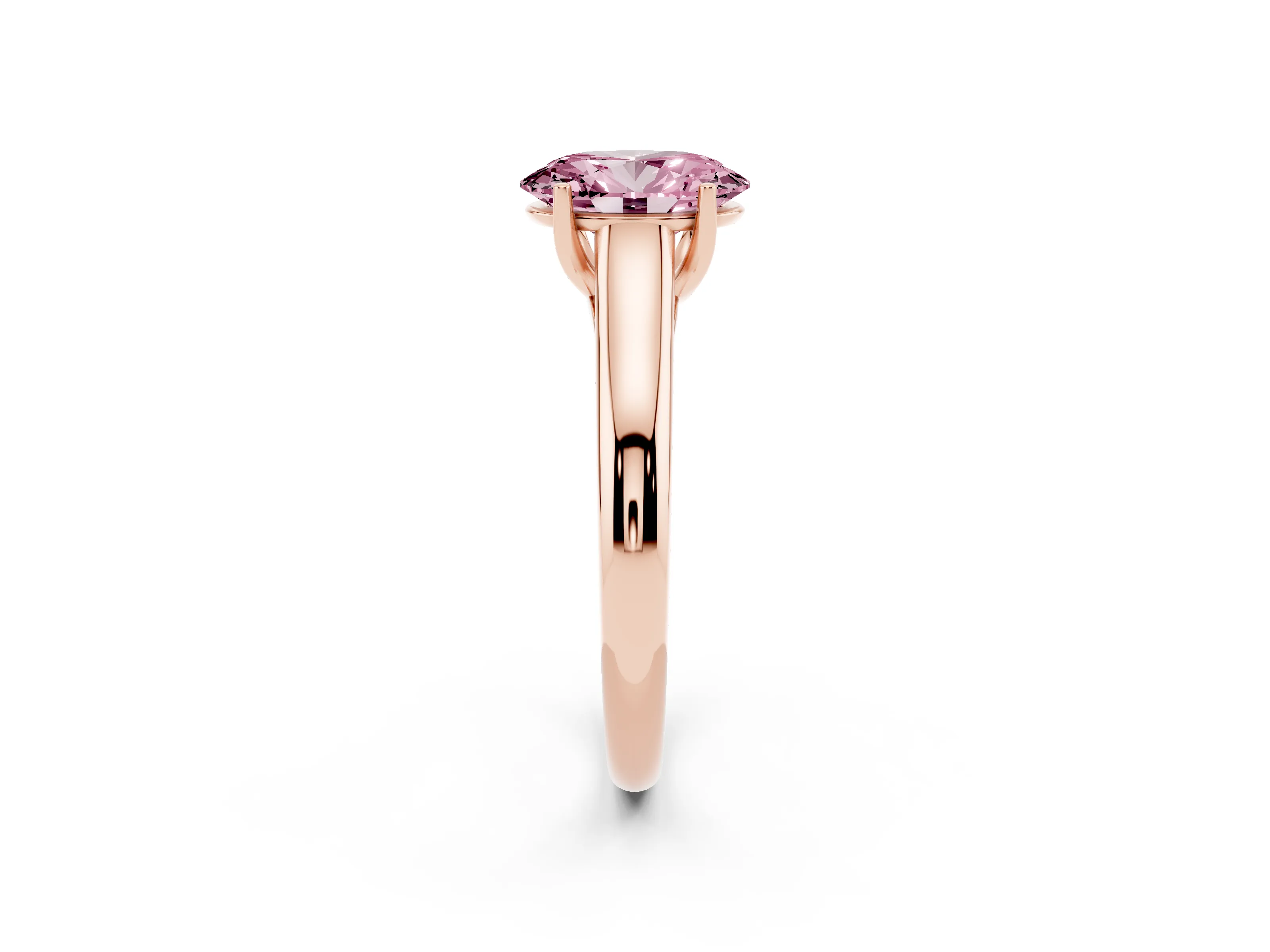 Fancy Pink Oval Cut Diamond Solitaire Engagement Ring Set in Rose gold with Subtly Tapered Band and Prong Setting