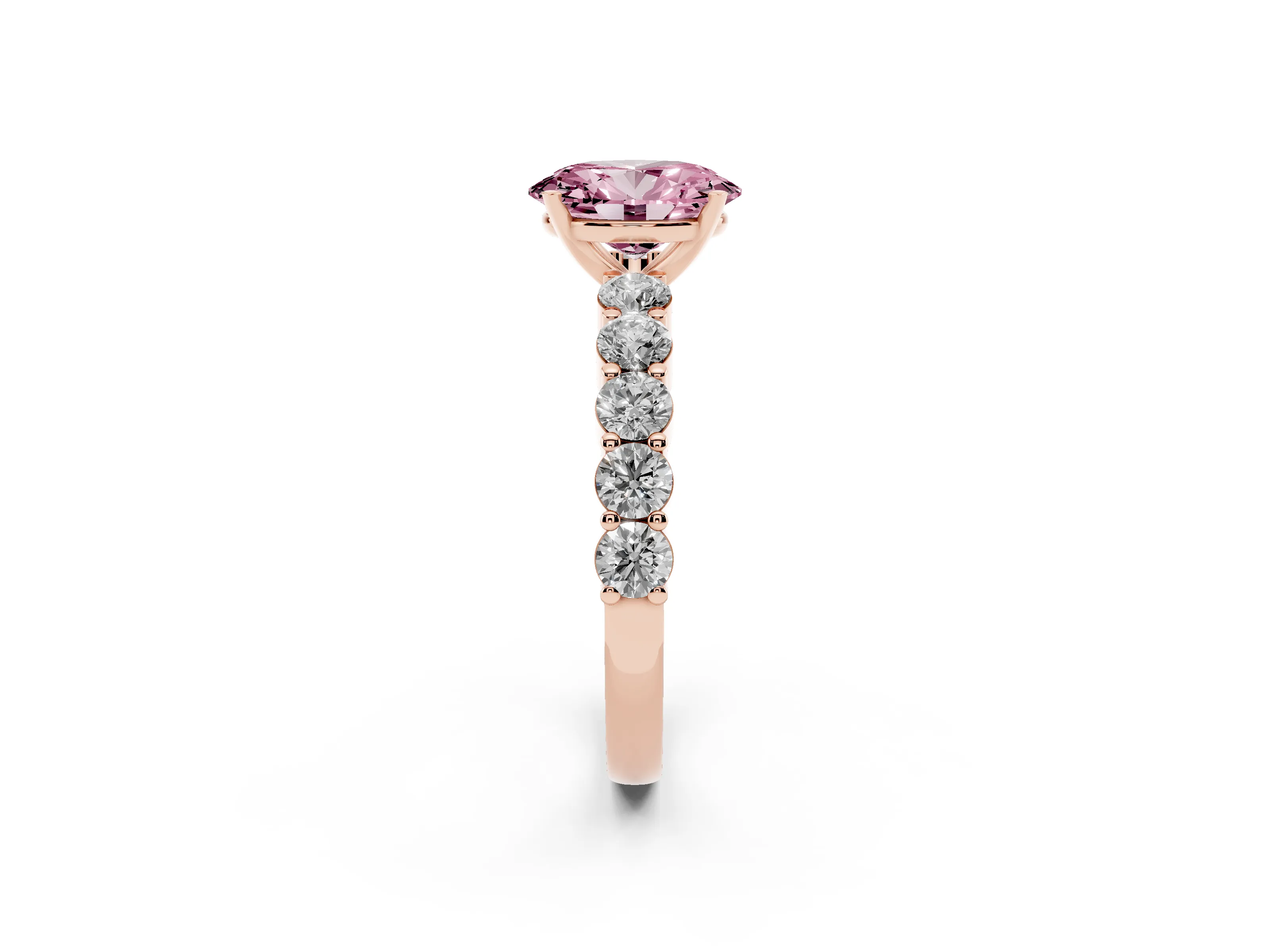Fancy Pink Oval Cut Diamond Solitaire Ring Set in Rose gold with Shared Prong Round Side Stones