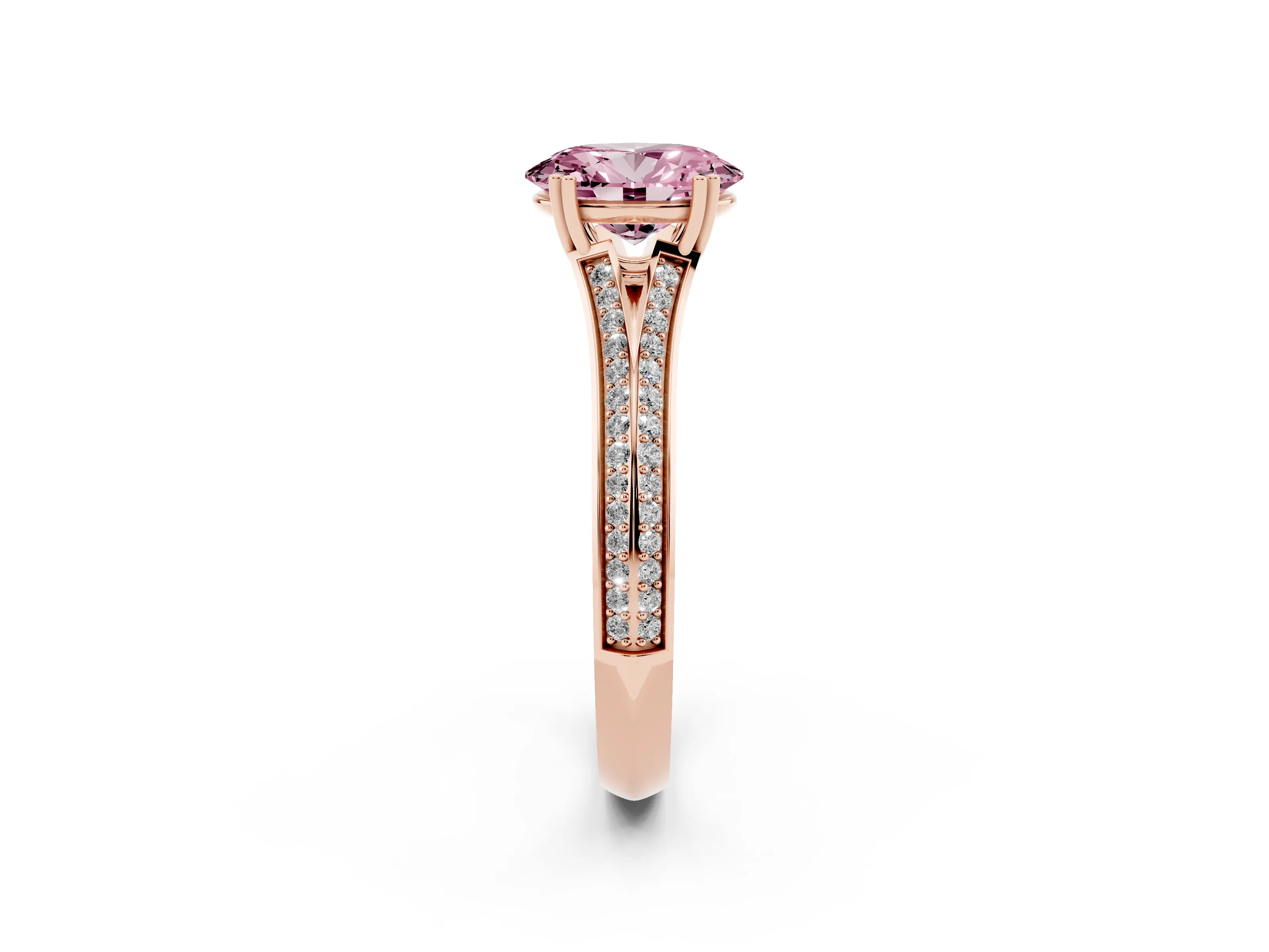 Fancy Pink Oval Cut Diamond Split Shank Pavé Engagement Ring Set in Rose gold with Prong-Set Center Stone