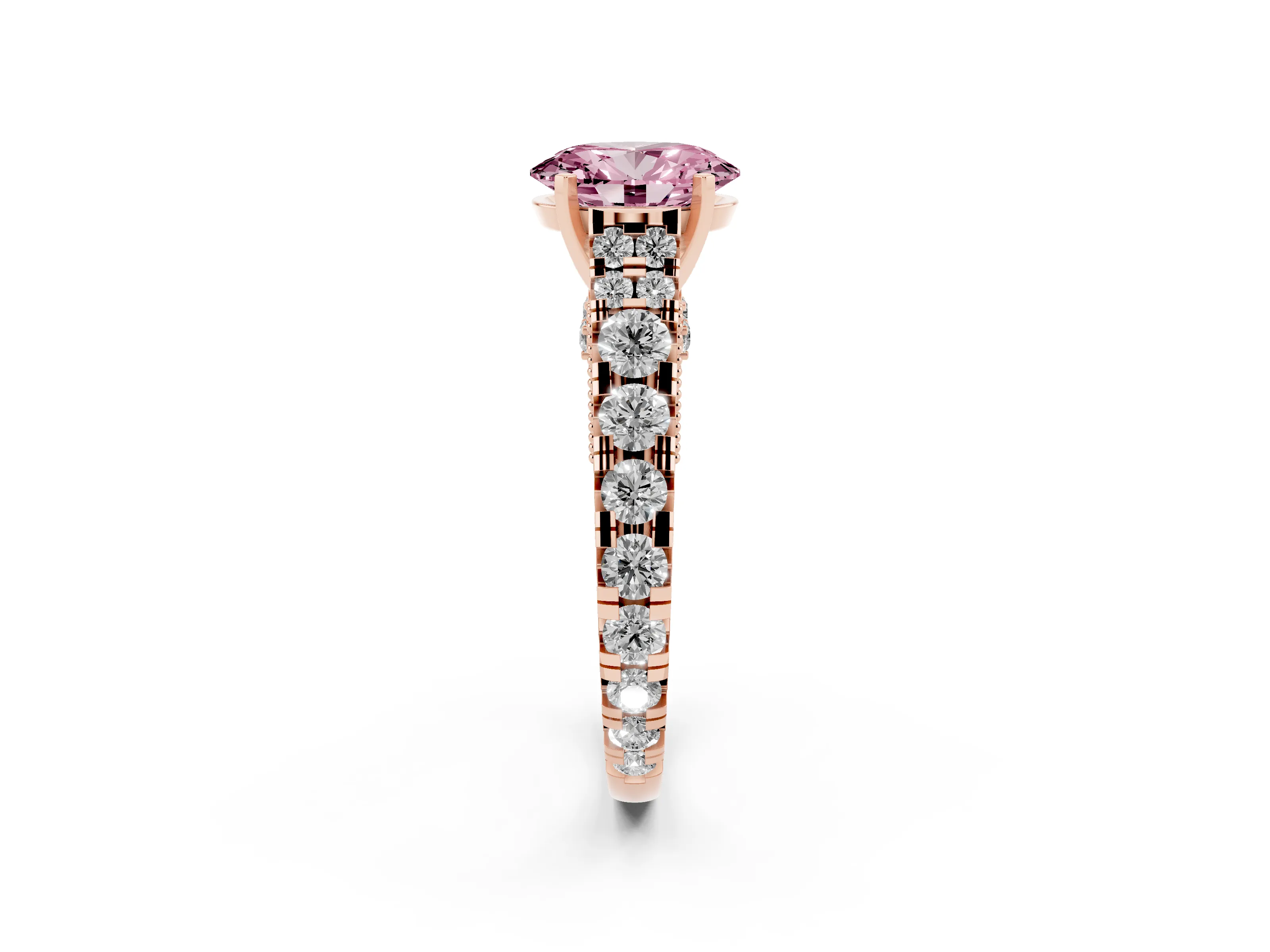 Fancy Pink Oval Cut Diamond Classic Solitaire Ring Set in Rose gold with Pavé Band and Prong Setting
