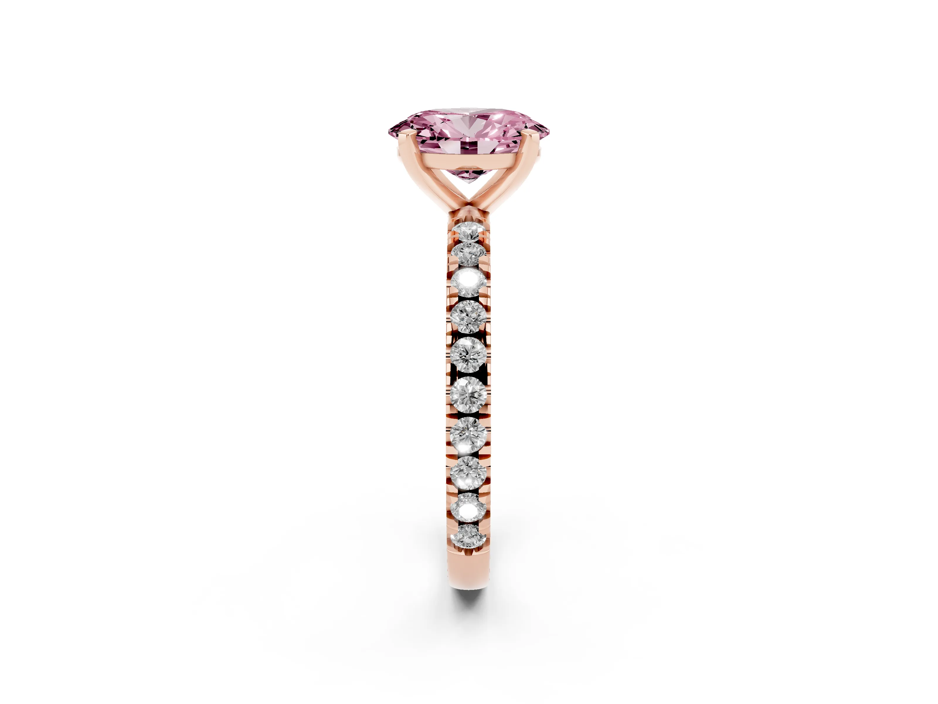 Fancy Pink Oval Cut Diamond Pavé Band Solitaire Set in Rose gold with Prong Setting