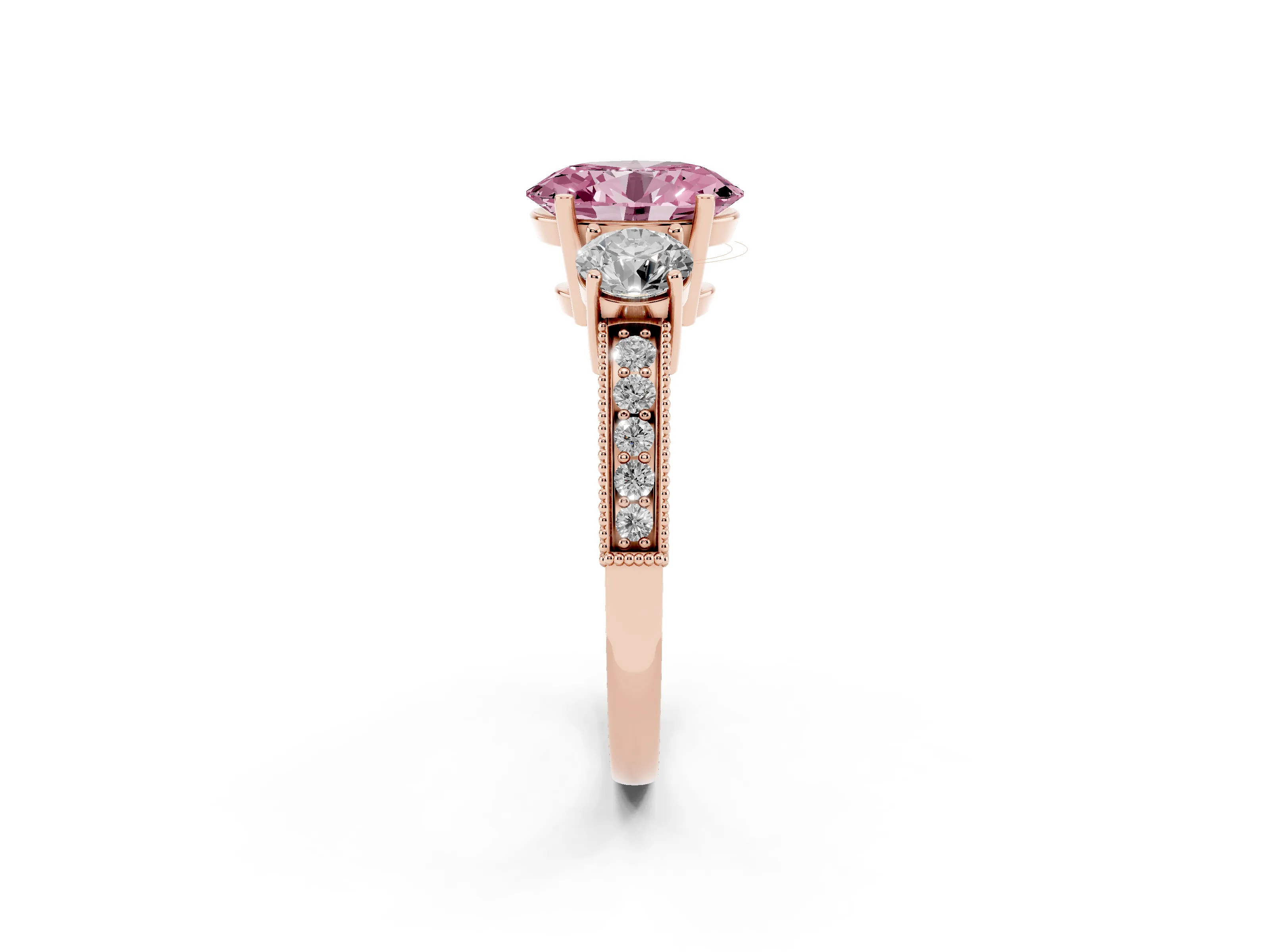 Fancy Pink Oval Cut Diamond Three-Stone Ring Set in Rose gold with Round Side Stones and Pavé Band