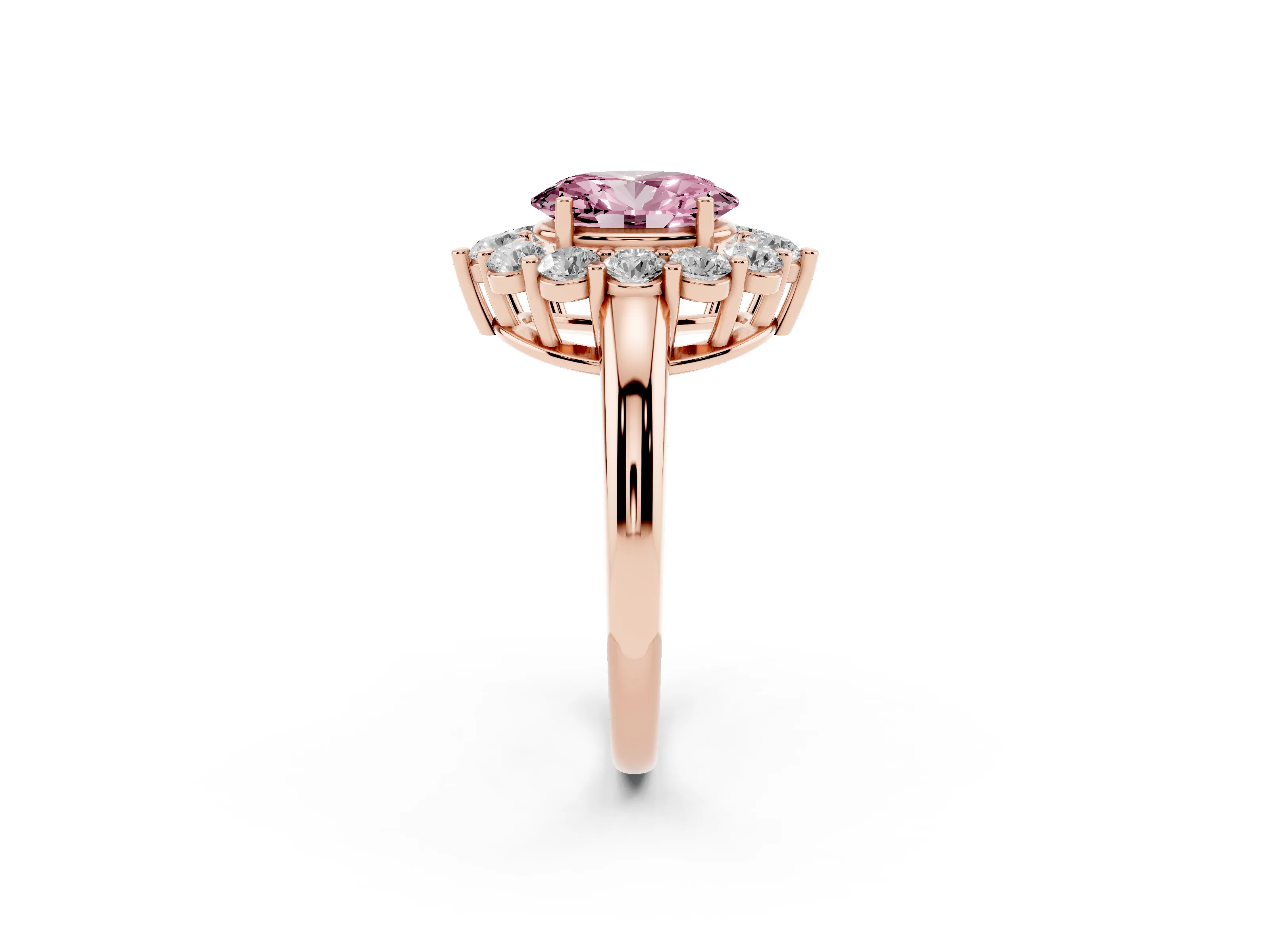 Fancy Pink Oval Cut Diamond Halo Cluster Engagement Ring Set in Rose gold with Polished Band and Prong Setting