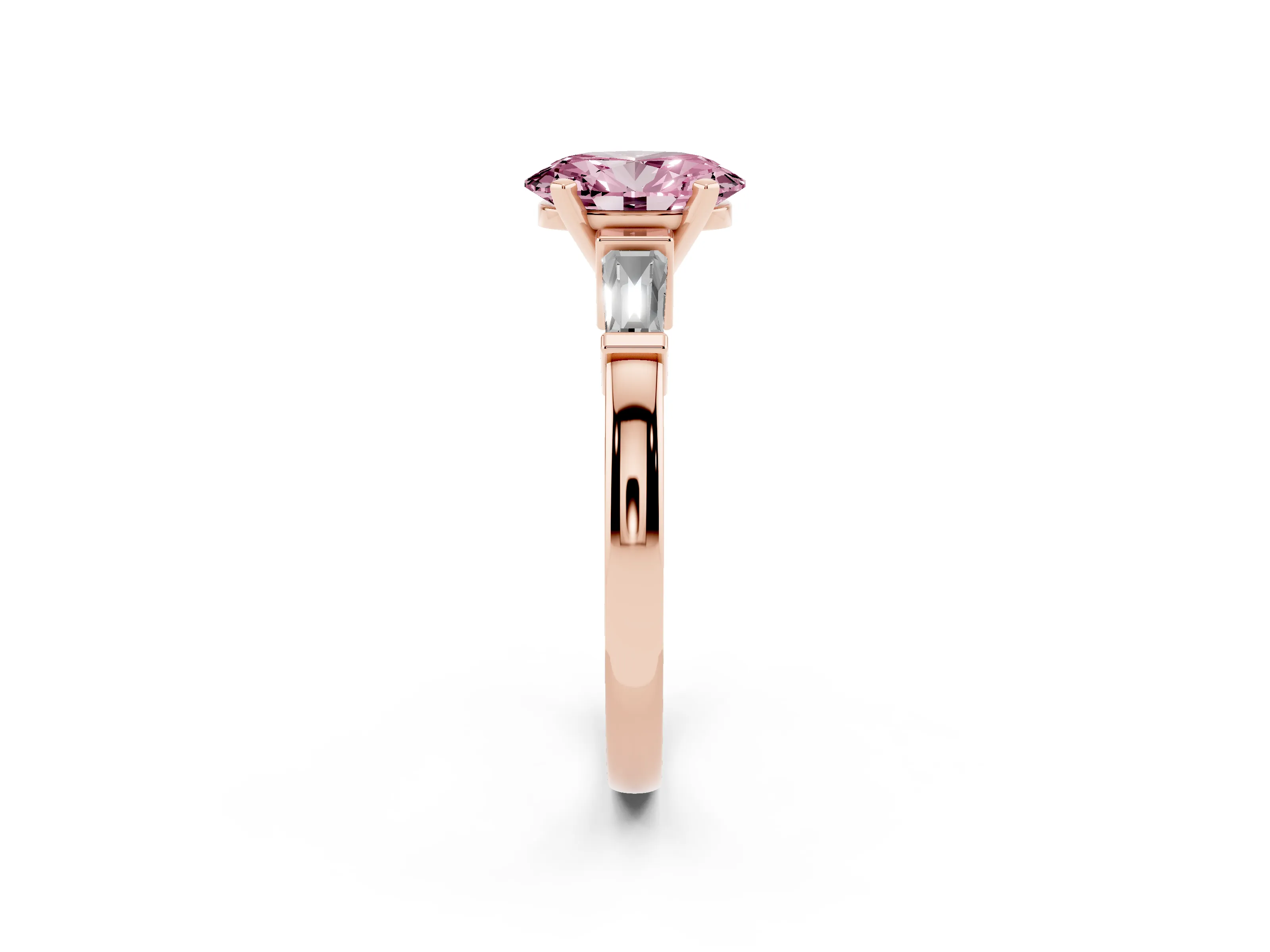 Fancy Pink Oval Cut Diamond Solitaire Ring Set in Rose gold with Tapered Baguette Accents and Prong Setting