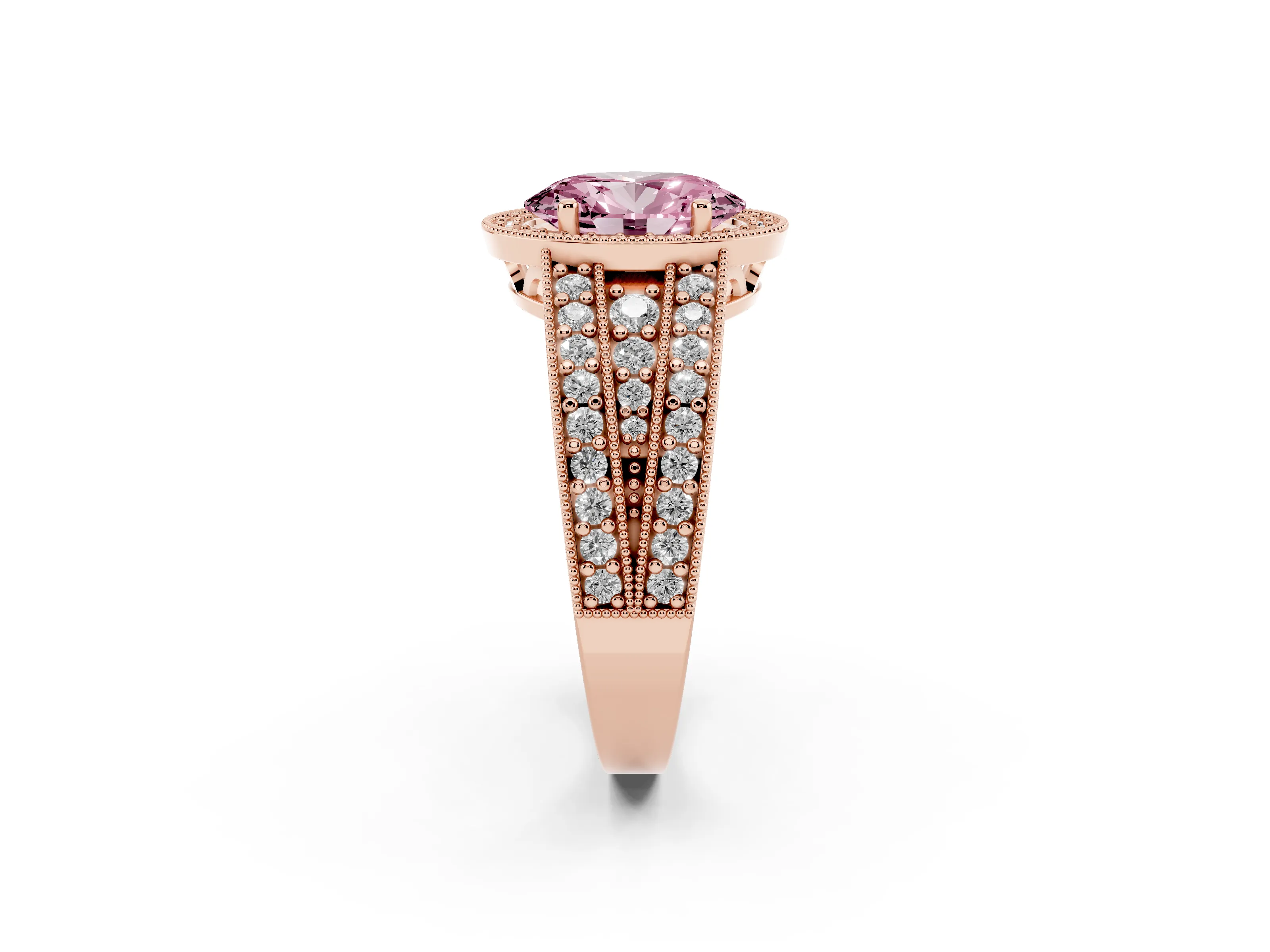 Fancy Pink Oval Cut Diamond Halo Ring Set in Rose gold with Accent Split Shank and Prong Setting