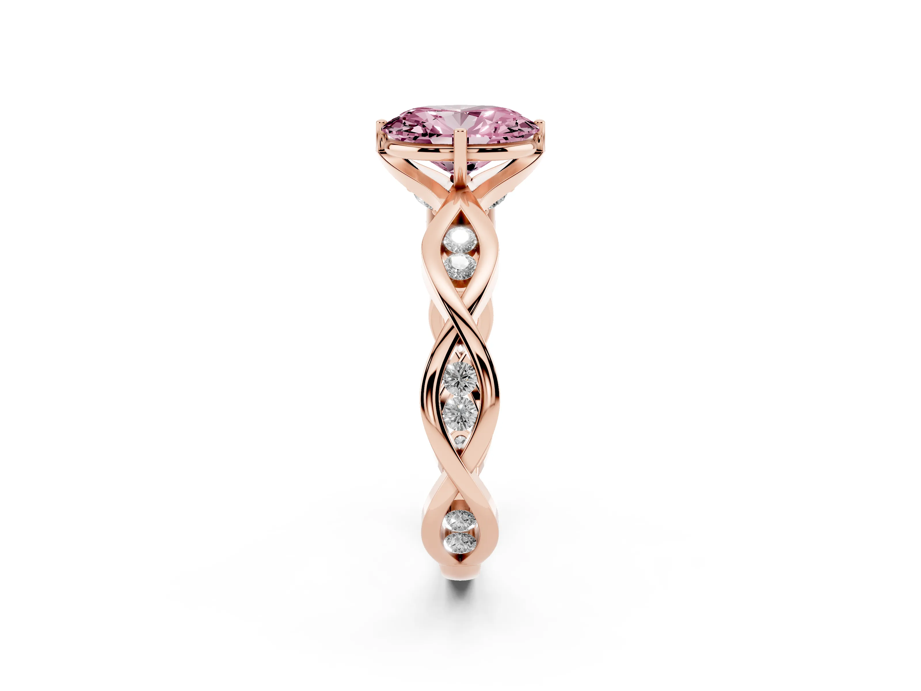 Fancy Pink Oval Cut Diamond Twist Band Solitaire Ring Set in Rose gold with Leaf Prong Setting and Accent Stones