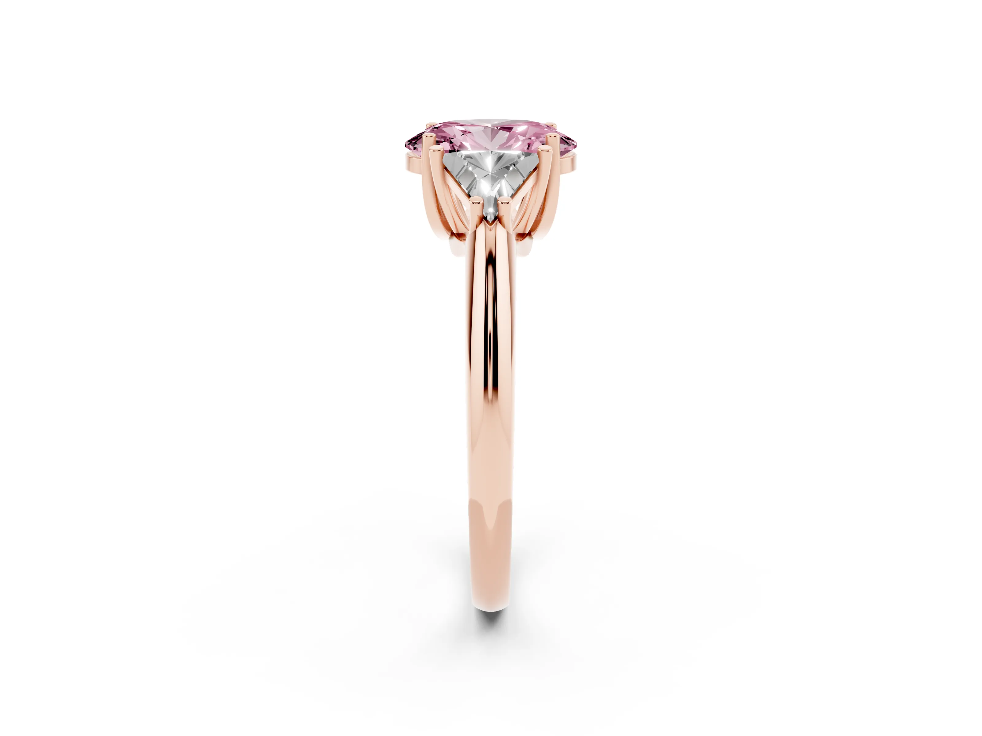 Fancy Pink Oval Cut Diamond Three-Stone Engagement Ring Set in Rose gold with Trillion Side Stones