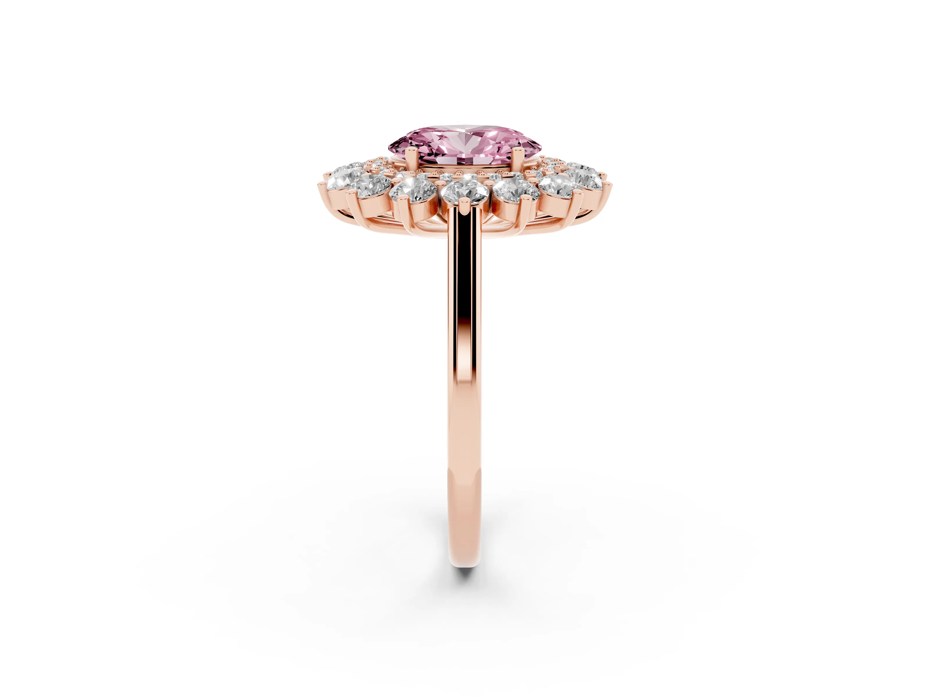 Fancy Pink Oval Cut Diamond Floral Double Halo Ring Set in Rose gold with Round Petals