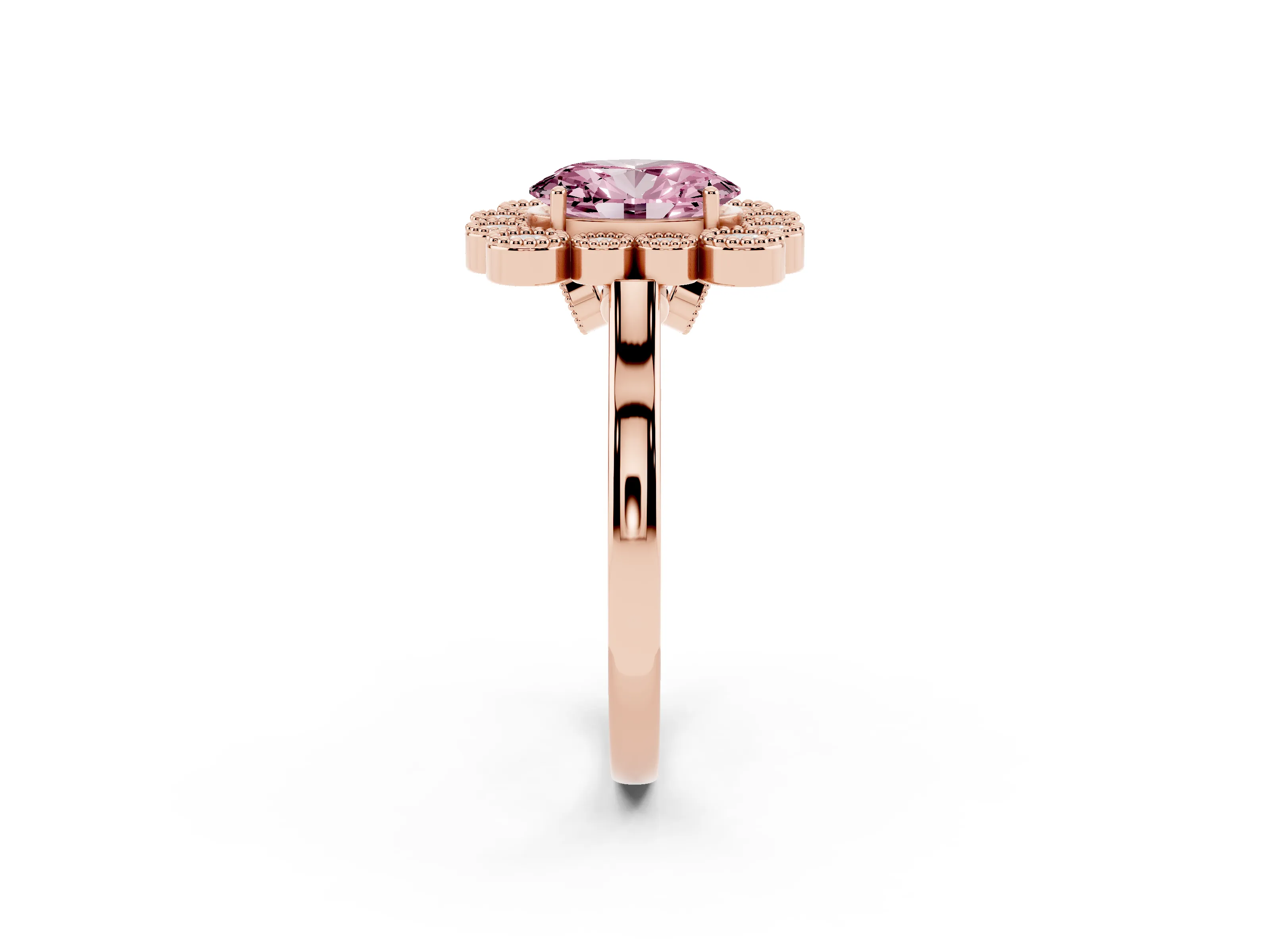 Fancy Pink Oval Cut Diamond Cluster Halo Ring Set in Rose gold with Milgrain Bezel Accents and Plain Band