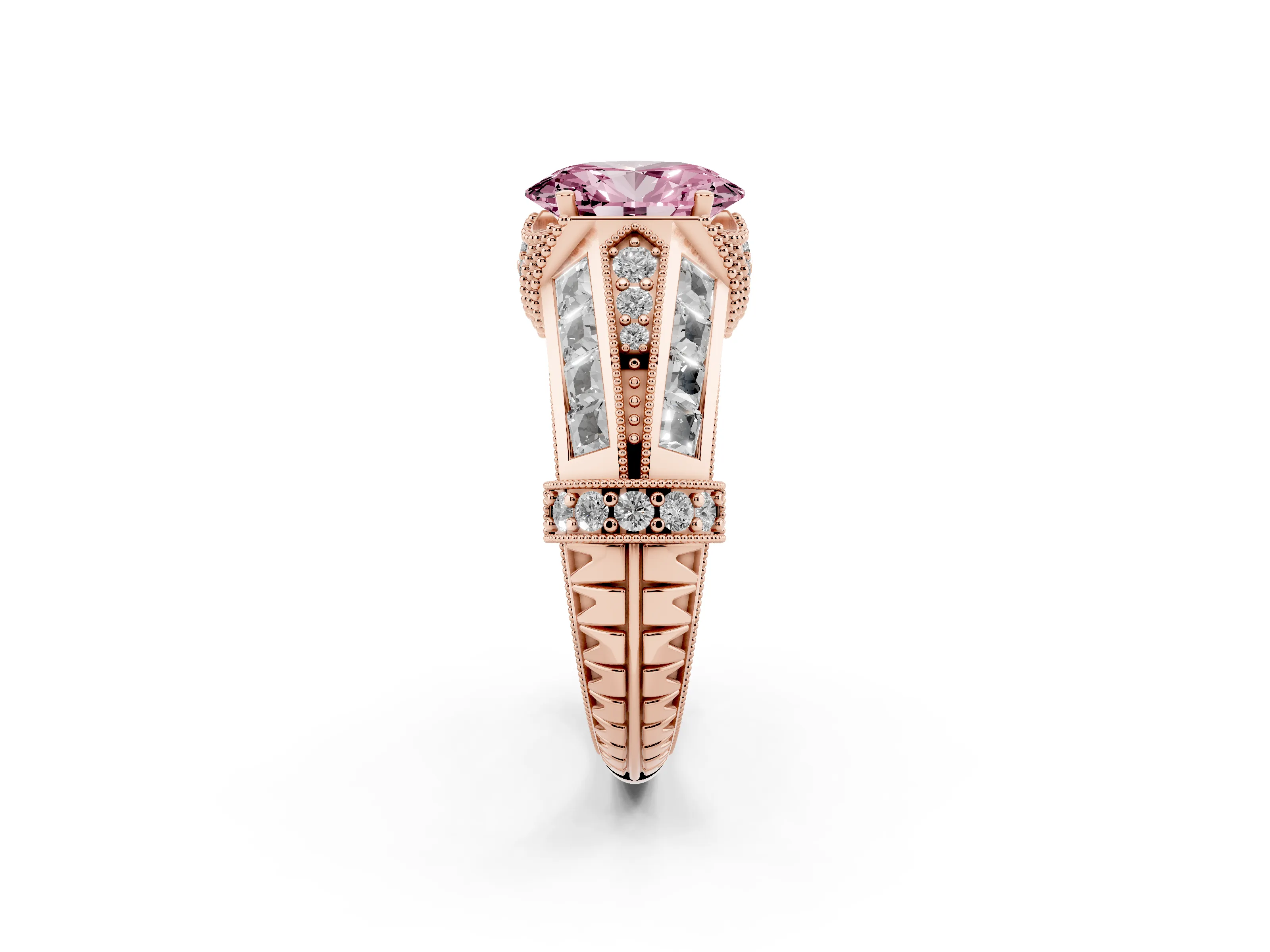 Fancy Pink Oval Cut Diamond Vintage-Inspired Milgrain Ring Set in Rose gold with Accent Split Shank